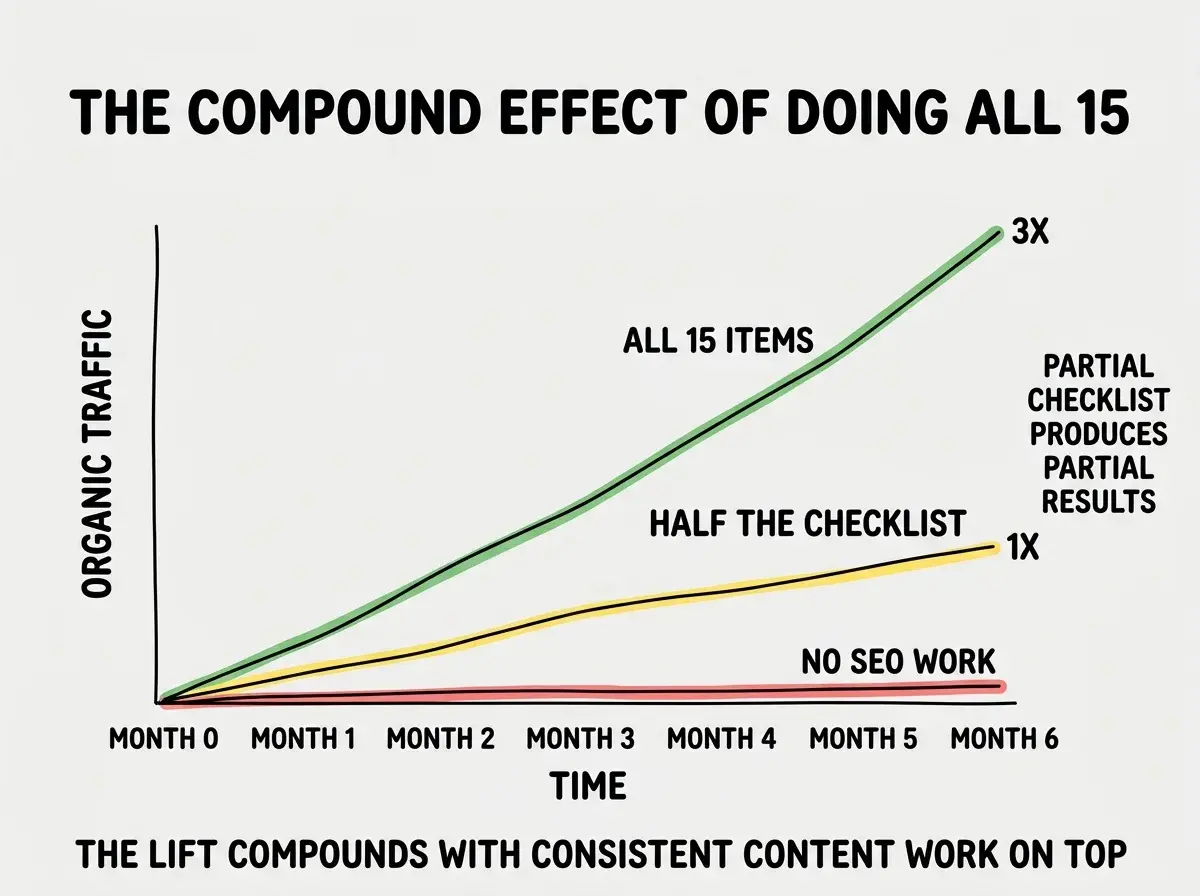 EXPLAINER DIAGRAM titled THE COMPOUND EFFECT OF DOING ALL 15 shown as a line chart on a slate background. X axis TIME from MONTH 0 to MONTH 6. Y axis ORGANIC TRAFFIC. Three lines plotted. Bottom line in red labeled NO SEO WORK stays flat near zero. Middle line in yellow labeled HALF THE CHECKLIST rises slowly to about 1X by month 6. Top line in green labeled ALL 15 ITEMS rises steadily and reaches 3X by month 6. Side annotation reads PARTIAL CHECKLIST PRODUCES PARTIAL RESULTS. Footer reads THE LIFT COMPOUNDS WITH CONSISTENT CONTENT WORK ON TOP.