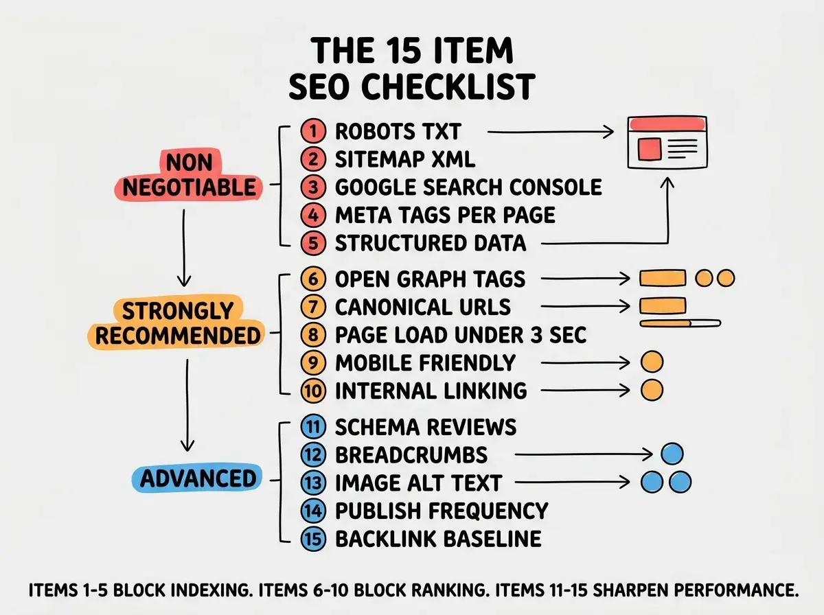EXPLAINER DIAGRAM titled THE 15 ITEM SEO CHECKLIST shown as a vertical numbered list on a slate background. Items grouped in three colored tiers. Tier 1 NON NEGOTIABLE in red contains items 1 ROBOTS TXT, 2 SITEMAP XML, 3 GOOGLE SEARCH CONSOLE, 4 META TAGS PER PAGE, 5 STRUCTURED DATA. Tier 2 STRONGLY RECOMMENDED in orange contains 6 OPEN GRAPH TAGS, 7 CANONICAL URLS, 8 PAGE LOAD UNDER 3 SEC, 9 MOBILE FRIENDLY, 10 INTERNAL LINKING. Tier 3 ADVANCED in blue contains 11 SCHEMA FOR REVIEWS, 12 BREADCRUMBS, 13 IMAGE ALT TEXT, 14 PUBLISH FREQUENCY, 15 BACKLINK BASELINE. Footer reads ITEMS 1 5 BLOCK INDEXING. ITEMS 6 10 BLOCK RANKING. ITEMS 11 15 SHARPEN PERFORMANCE.