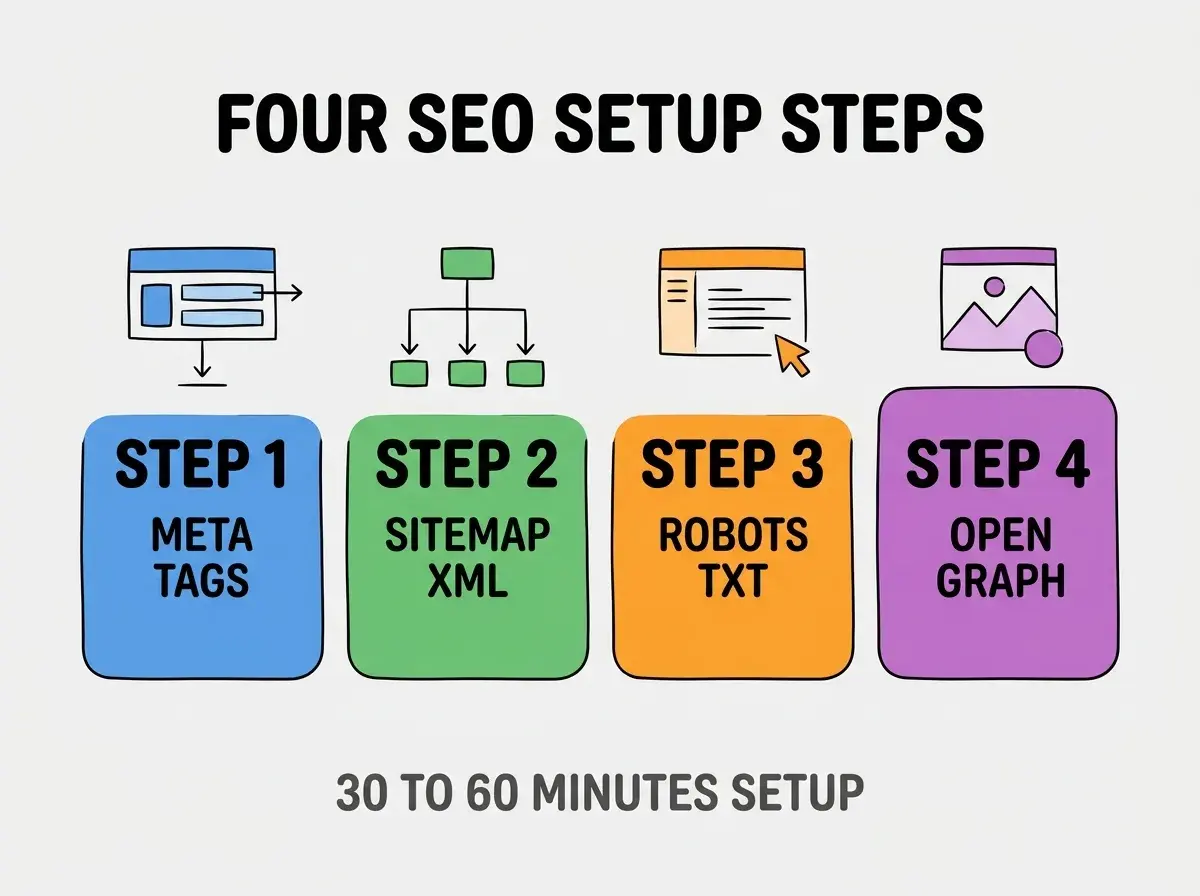 Clean modern flat infographic on light gray background. Top center bold black title text: FOUR SEO SETUP STEPS. Below title, four equal sized colored rounded rectangle cards arranged horizontally. Card 1 blue: large bold text STEP 1 then smaller text META TAGS. Card 2 green: large bold text STEP 2 then smaller text SITEMAP XML. Card 3 orange: large bold text STEP 3 then smaller text ROBOTS TXT. Card 4 purple: large bold text STEP 4 then smaller text OPEN GRAPH. Single footer line below cards in dark gray text: 30 TO 60 MINUTES SETUP. Nothing else on canvas. No text outside cards or below cards.