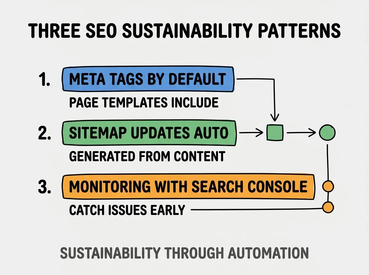 Clean modern flat infographic on light gray background. Top title bold black: THREE SEO SUSTAINABILITY PATTERNS. Single vertical numbered list with three rows. Row 1 blue badge META TAGS BY DEFAULT with subtitle PAGE TEMPLATES INCLUDE. Row 2 green badge SITEMAP UPDATES AUTO with subtitle GENERATED FROM CONTENT. Row 3 orange badge MONITORING WITH SEARCH CONSOLE with subtitle CATCH ISSUES EARLY. Footer text dark gray: SUSTAINABILITY THROUGH AUTOMATION. Each label appears exactly once. No duplicated text.