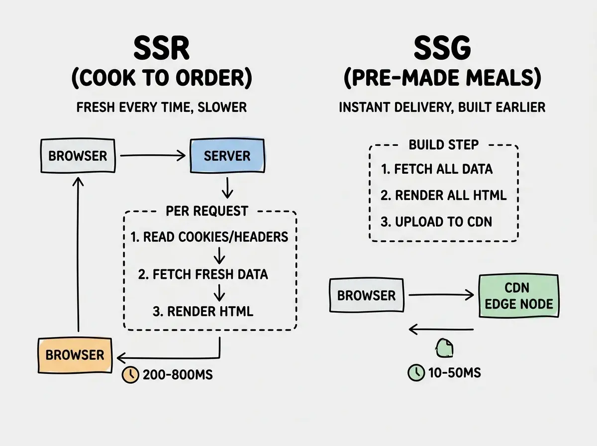 EXPLAINER DIAGRAM: A side-by-side comparison on white background showing two request flows. LEFT SIDE labeled SSR (Cook to Order) shows a vertical sequence: BROWSER sends request arrow to SERVER, SERVER has three sequential steps inside a dashed box labeled Per Request (1. Read cookies/headers, 2. Fetch fresh data, 3. Render HTML), then SERVER sends response arrow back to BROWSER with a clock icon showing 200-800ms. RIGHT SIDE labeled SSG (Pre-Made Meals) shows: BUILD STEP at top with a dashed box containing (1. Fetch all data, 2. Render all HTML, 3. Upload to CDN), then a separate sequence below showing BROWSER sends request arrow to CDN EDGE NODE, which immediately sends response arrow back to BROWSER with a clock icon showing 10-50ms. A small note under SSR reads Fresh every time, slower. A small note under SSG reads Instant delivery, built earlier.