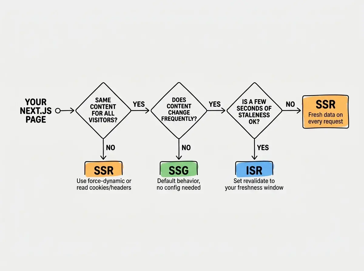 EXPLAINER DIAGRAM: A horizontal decision flowchart on white background. Start node on the left reads YOUR NEXT.JS PAGE. First diamond reads SAME CONTENT FOR ALL VISITORS? NO arrow goes down to a box labeled SSR with subtitle Use force-dynamic or read cookies/headers. YES arrow goes right to second diamond reading DOES CONTENT CHANGE FREQUENTLY? NO arrow goes down to a box labeled SSG with subtitle Default behavior, no config needed. YES arrow goes right to third diamond reading IS A FEW SECONDS OF STALENESS OK? YES arrow goes down to a box labeled ISR with subtitle Set revalidate to your freshness window. NO arrow goes to a box labeled SSR with subtitle Fresh data on every request. Each endpoint box is color-coded: SSR in orange, SSG in green, ISR in blue.