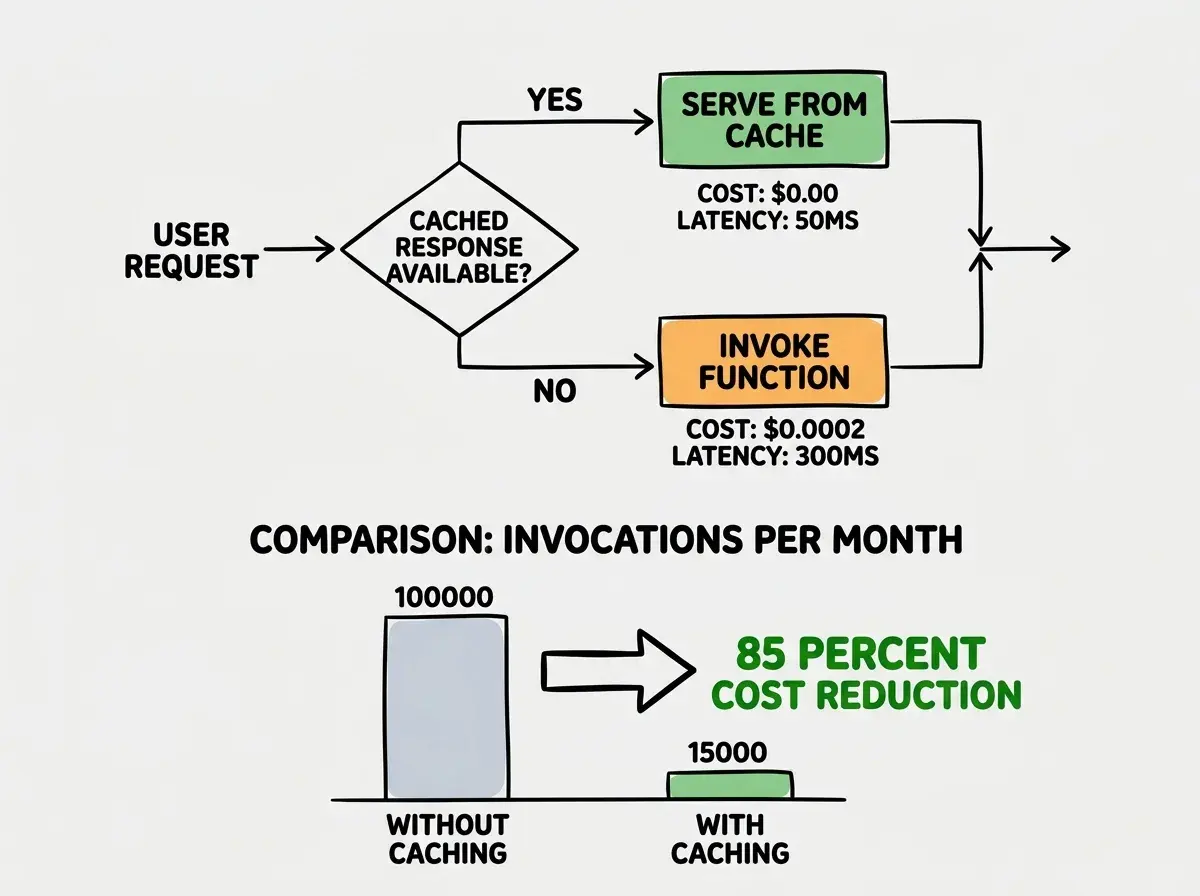 EXPLAINER DIAGRAM: A flowchart showing a user request entering from the left. The first decision diamond asks CACHED RESPONSE AVAILABLE and splits into YES going up to a green box labeled SERVE FROM CACHE with cost $0.00 and latency 50ms, and NO going down to an orange box labeled INVOKE FUNCTION with cost $0.0002 and latency 300ms. Below the flowchart, a comparison bar shows WITHOUT CACHING at 100000 invocations per month versus WITH CACHING at 15000 invocations per month, with an arrow pointing to 85 PERCENT COST REDUCTION in bold green text.