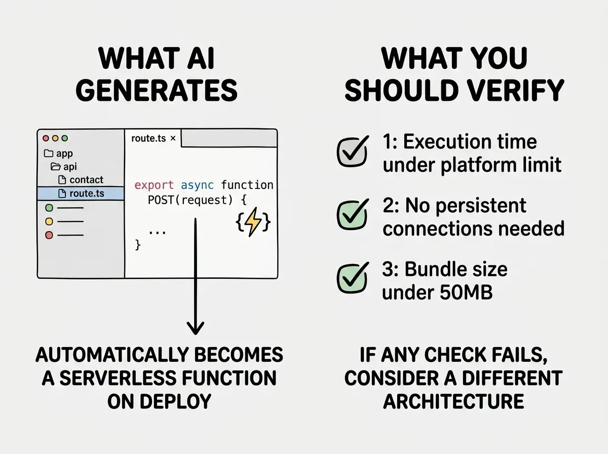 EXPLAINER DIAGRAM: A two-panel comparison on white background. Left panel titled WHAT AI GENERATES shows a simplified code editor with a file tree showing app/api/contact/route.ts highlighted, and a code snippet with export async function POST(request) with a serverless function icon (lightning bolt). An arrow points down to text reading AUTOMATICALLY BECOMES A SERVERLESS FUNCTION ON DEPLOY. Right panel titled WHAT YOU SHOULD VERIFY shows a three-item checklist. Item 1: Execution time under platform limit (checkmark icon). Item 2: No persistent connections needed (checkmark icon). Item 3: Bundle size under 50MB (checkmark icon). Below the checklist, text reads IF ANY CHECK FAILS, CONSIDER A DIFFERENT ARCHITECTURE.