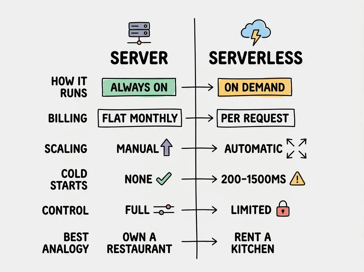 EXPLAINER DIAGRAM: A two-column comparison on white background. Left column header reads SERVER with a small server icon. Right column header reads SERVERLESS with a cloud-and-lightning icon. Six rows compare them. Row 1 HOW IT RUNS: Server shows ALWAYS ON, Serverless shows ON DEMAND. Row 2 BILLING: Server shows FLAT MONTHLY, Serverless shows PER REQUEST. Row 3 SCALING: Server shows MANUAL with up arrow, Serverless shows AUTOMATIC with expanding arrows. Row 4 COLD STARTS: Server shows NONE with a checkmark, Serverless shows 200-1500ms with a warning icon. Row 5 CONTROL: Server shows FULL with a slider icon, Serverless shows LIMITED with a lock icon. Row 6 BEST ANALOGY: Server shows OWN A RESTAURANT, Serverless shows RENT A KITCHEN.