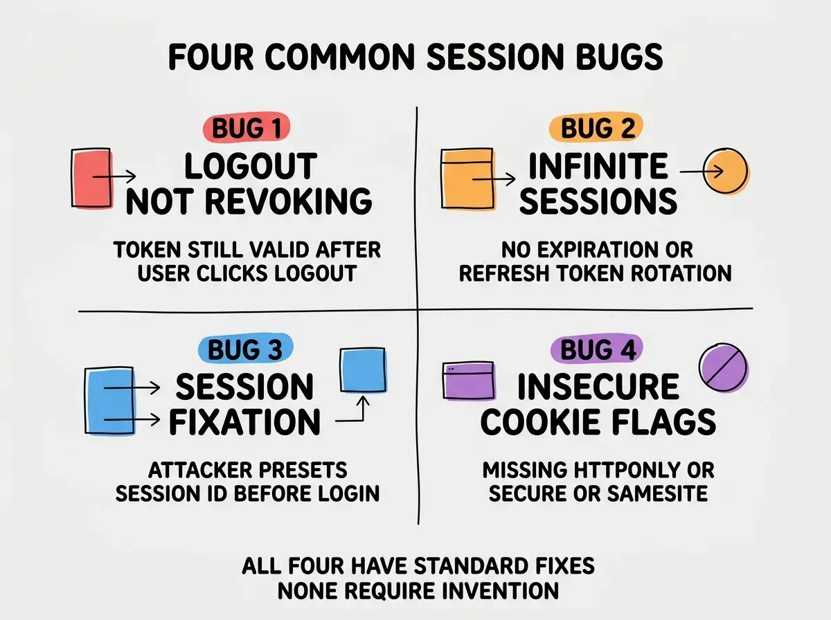 EXPLAINER DIAGRAM titled FOUR COMMON SESSION BUGS shown as a 2x2 grid of quadrants on a slate background. Top left red BUG 1 LOGOUT NOT REVOKING sublabel TOKEN STILL VALID AFTER USER CLICKS LOGOUT. Top right orange BUG 2 INFINITE SESSIONS sublabel NO EXPIRATION OR REFRESH TOKEN ROTATION. Bottom left blue BUG 3 SESSION FIXATION sublabel ATTACKER PRESETS SESSION ID BEFORE LOGIN. Bottom right purple BUG 4 INSECURE COOKIE FLAGS sublabel MISSING HTTPONLY OR SECURE OR SAMESITE. Footer reads ALL FOUR HAVE STANDARD FIXES, NONE REQUIRE INVENTION.