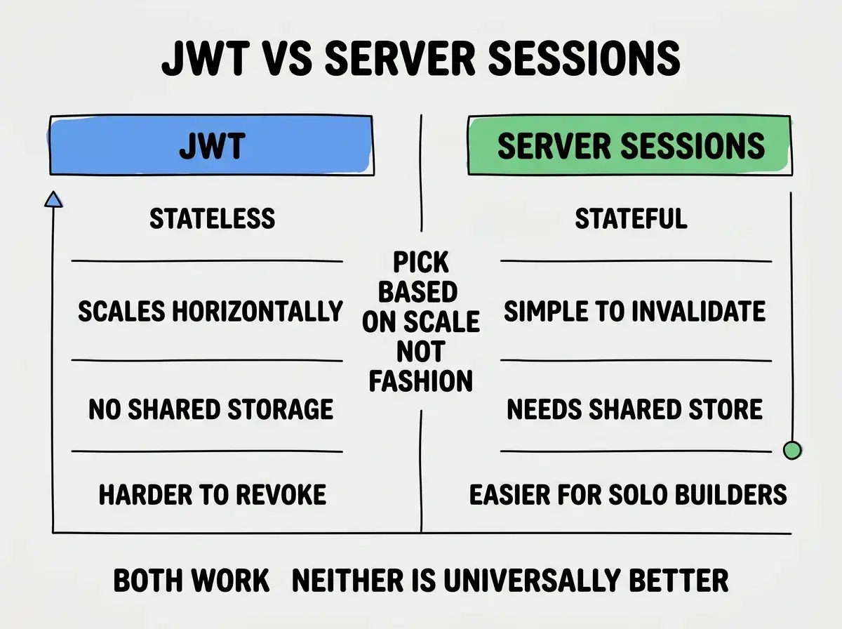 EXPLAINER DIAGRAM titled JWT VS SERVER SESSIONS shown as a horizontal split panel on a slate background. Left half labeled JWT colored blue at top, with stacked text rows: STATELESS, SCALES HORIZONTALLY, NO SHARED STORAGE, HARDER TO REVOKE. Right half labeled SERVER SESSIONS colored green at top, with stacked text rows: STATEFUL, SIMPLE TO INVALIDATE, NEEDS SHARED STORE, EASIER FOR SOLO BUILDERS. Center divider has bold text reading PICK BASED ON SCALE NOT FASHION. Footer reads BOTH WORK, NEITHER IS UNIVERSALLY BETTER.