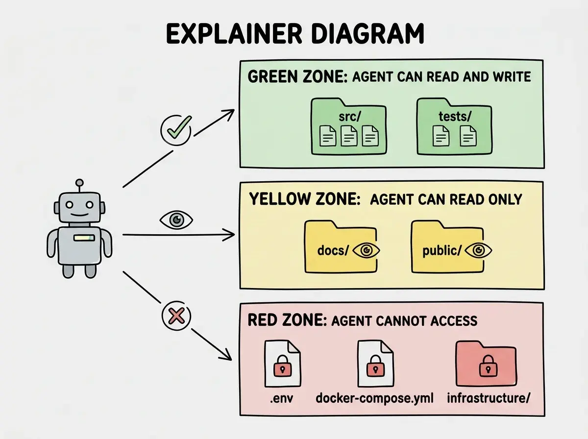 EXPLAINER DIAGRAM: A layered file system diagram showing three zones. The top GREEN ZONE labeled AGENT CAN READ AND WRITE contains folders src/ and tests/ with file icons inside. The middle YELLOW ZONE labeled AGENT CAN READ ONLY contains folders docs/ and public/ with an eye icon. The bottom RED ZONE labeled AGENT CANNOT ACCESS contains files .env, docker-compose.yml, and infrastructure/ with a lock icon on each. Arrows from a robot icon on the left point to each zone, with a checkmark for green, an eye for yellow, and an X for red.