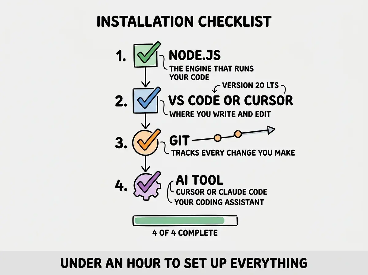 EXPLAINER DIAGRAM: A vertical installation checklist with four rows. Each row has a numbered circle on the left, a tool name in bold, a platform-specific instruction in the middle, and a verification command on the right. Row 1 shows VS CODE or CURSOR with download links code.visualstudio.com and cursor.com, verification reads OPEN THE APP. Row 2 shows NODE.JS LTS with download link nodejs.org, verification reads node --version in terminal. Row 3 shows GIT with instructions MAC LIKELY PREINSTALLED and WINDOWS git-scm.com, verification reads git --version in terminal. Row 4 shows AI TOOL with options CURSOR BUILT IN, COPILOT EXTENSION, or CLAUDE CODE CLI, verification reads START A CONVERSATION. A progress bar at the bottom shows four filled segments labeled COMPLETE SETUP.