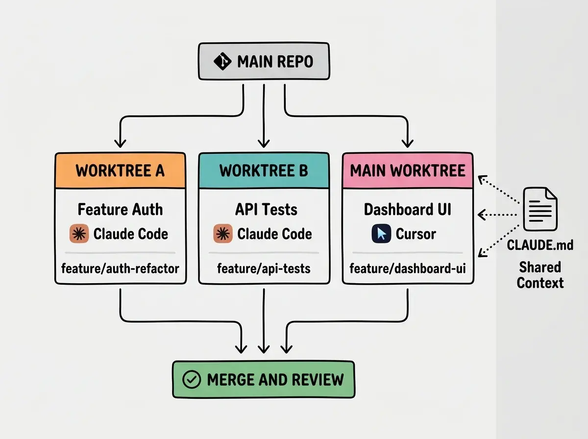 EXPLAINER DIAGRAM: A vertical layout on white background showing a parallel workflow. At the top, a single gray box labeled MAIN REPO with a git icon. Three arrows branch downward from it to three side-by-side columns. Column 1 has an orange box labeled WORKTREE A containing Feature Auth with a Claude Code icon and the branch name feature/auth-refactor below. Column 2 has a teal box labeled WORKTREE B containing API Tests with a Claude Code icon and the branch name feature/api-tests below. Column 3 has a pink box labeled MAIN WORKTREE containing Dashboard UI with a Cursor icon and the branch name feature/dashboard-ui below. At the bottom, three arrows converge downward from the columns into a single green box labeled MERGE AND REVIEW with a checkmark icon. A sidebar on the right shows a document icon labeled CLAUDE.md with dotted arrows pointing to all three worktree columns, labeled Shared Context.