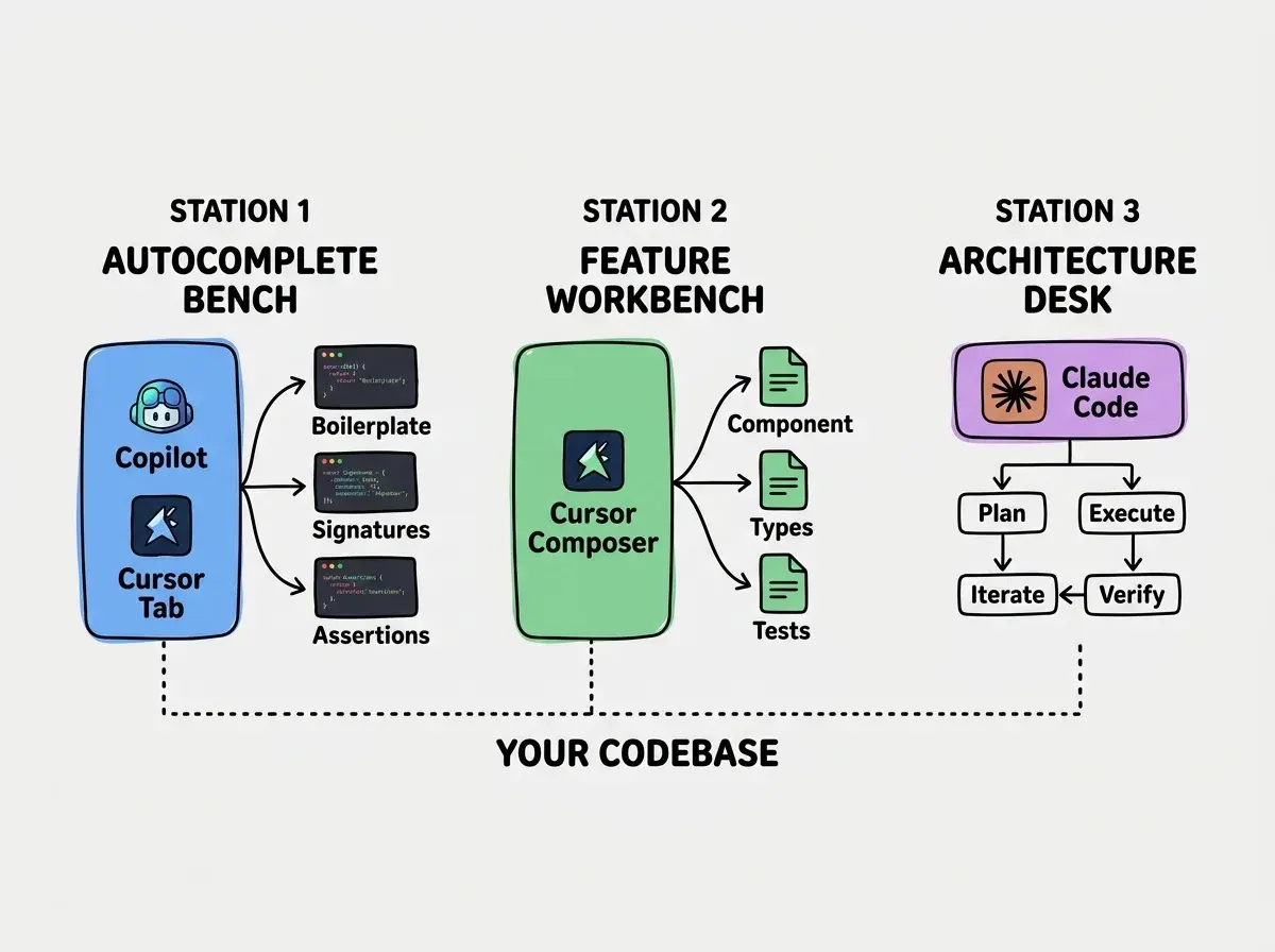 EXPLAINER DIAGRAM: A horizontal layout on white background showing three labeled stations arranged left to right. Station 1 labeled AUTOCOMPLETE BENCH shows a blue rounded rectangle containing icons for Copilot and Cursor Tab with arrows pointing to small code snippet blocks labeled Boilerplate, Signatures, and Assertions. Station 2 labeled FEATURE WORKBENCH shows a green rounded rectangle containing an icon for Cursor Composer with arrows fanning out to three connected file icons labeled Component, Types, and Tests. Station 3 labeled ARCHITECTURE DESK shows a purple rounded rectangle containing an icon for Claude Code with a flowchart below it showing Plan, Execute, Iterate, and Verify steps connected by downward arrows. A dotted horizontal line connects all three stations at the bottom, labeled YOUR CODEBASE, indicating they all operate on the same project.