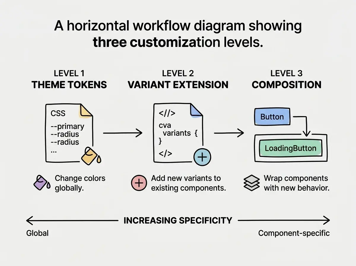 EXPLAINER DIAGRAM: A horizontal workflow diagram on white background showing three customization levels. Left section labeled LEVEL 1 THEME TOKENS shows a CSS file icon with variables like --primary and --radius, with a paint bucket icon and text Change colors globally. Middle section labeled LEVEL 2 VARIANT EXTENSION shows a code file icon with a cva variants block, a plus icon, and text Add new variants to existing components. Right section labeled LEVEL 3 COMPOSITION shows two component boxes, one labeled Button and one labeled LoadingButton with an arrow from Button into LoadingButton, a layers icon, and text Wrap components with new behavior. An arrow at the bottom spans all three sections labeled INCREASING SPECIFICITY with left end reading Global and right end reading Component-specific.