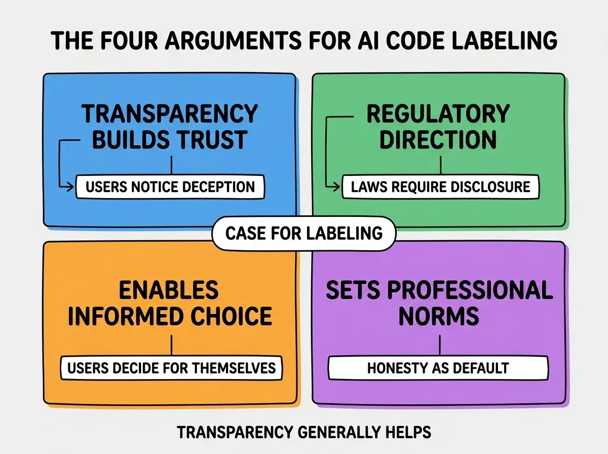 EXPLAINER DIAGRAM titled THE FOUR ARGUMENTS FOR AI CODE LABELING shown as a 2x2 grid of quadrants on a slate background. Top left blue TRANSPARENCY BUILDS TRUST sublabel USERS NOTICE DECEPTION. Top right green REGULATORY DIRECTION sublabel LAWS REQUIRE DISCLOSURE. Bottom left orange ENABLES INFORMED CHOICE sublabel USERS DECIDE FOR THEMSELVES. Bottom right purple SETS PROFESSIONAL NORMS sublabel HONESTY AS DEFAULT. Center label CASE FOR LABELING. Footer reads TRANSPARENCY GENERALLY HELPS.