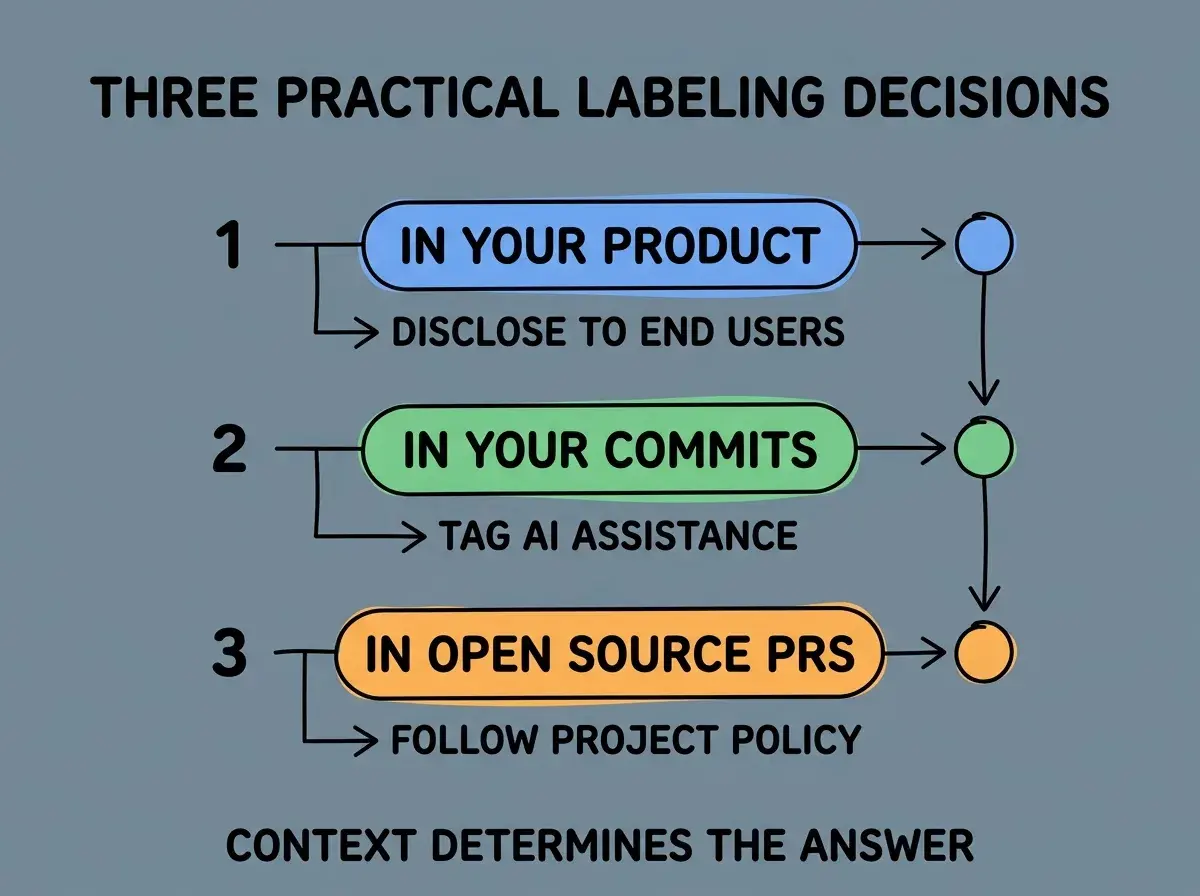 EXPLAINER DIAGRAM titled THREE PRACTICAL LABELING DECISIONS shown as a vertical numbered list on a slate background. Three rows. Row 1 blue badge IN YOUR PRODUCT sublabel DISCLOSE TO END USERS. Row 2 green badge IN YOUR COMMITS sublabel TAG AI ASSISTANCE. Row 3 orange badge IN OPEN SOURCE PRS sublabel FOLLOW PROJECT POLICY. Footer reads CONTEXT DETERMINES THE ANSWER.