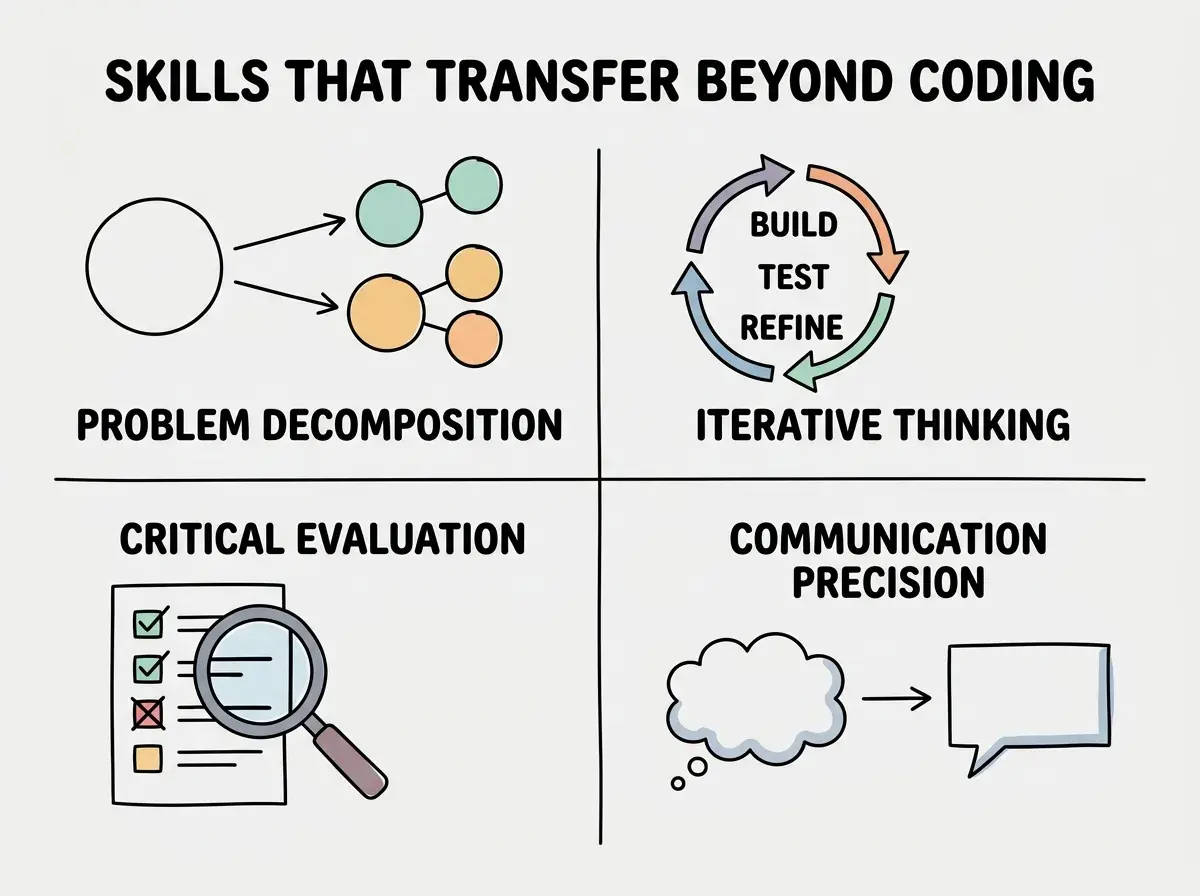 EXPLAINER DIAGRAM: A four-quadrant grid showing skills kids develop through vibe coding. Top-left quadrant labeled PROBLEM DECOMPOSITION shows a large circle breaking into four smaller circles with arrows. Top-right quadrant labeled ITERATIVE THINKING shows a circular arrow loop with BUILD, TEST, REFINE steps. Bottom-left quadrant labeled CRITICAL EVALUATION shows a magnifying glass over a checklist with one item marked wrong. Bottom-right quadrant labeled COMMUNICATION PRECISION shows a speech bubble transforming from a fuzzy cloud shape on the left to a sharp rectangle on the right. A banner across the bottom reads SKILLS THAT TRANSFER BEYOND CODING.