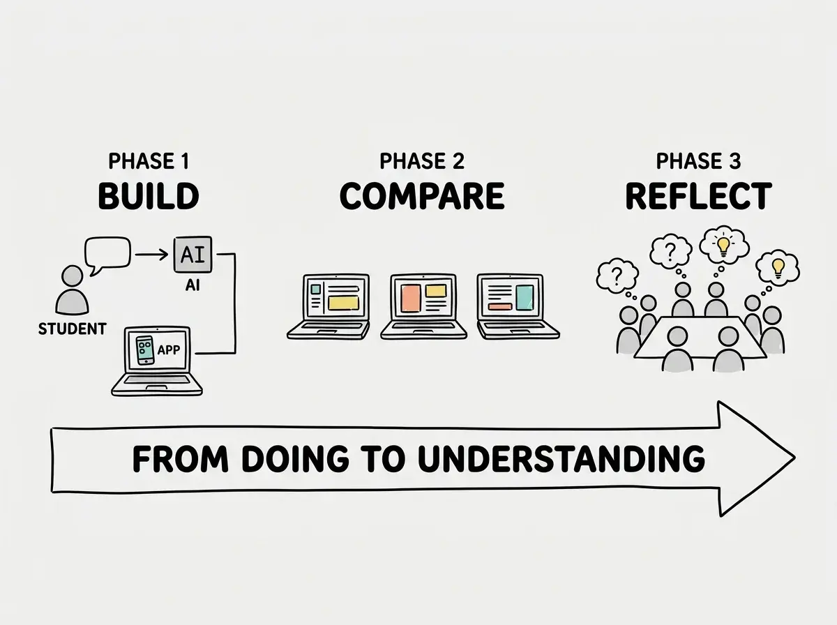 EXPLAINER DIAGRAM: A horizontal three-phase classroom workflow. Phase 1 labeled BUILD shows a student icon with a speech bubble connected to an AI icon, producing a laptop screen with a simple app. Phase 2 labeled COMPARE shows three laptop screens side by side with differences highlighted in yellow circles. Phase 3 labeled REFLECT shows a group of student icons around a table with thought bubbles containing question marks and lightbulbs. An arrow runs left to right underneath labeled FROM DOING TO UNDERSTANDING. A small note at bottom reads REPEAT WITH INCREASING COMPLEXITY.