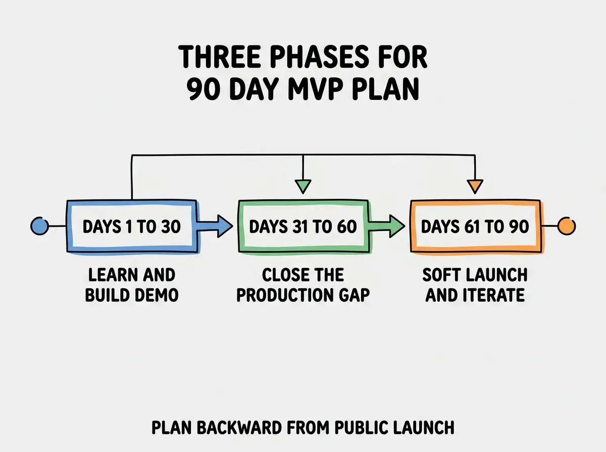 EXPLAINER DIAGRAM titled THREE PHASES FOR 90 DAY MVP PLAN shown as a horizontal three-stage pipeline on a slate background. Stage 1 colored blue DAYS 1 TO 30 sublabel LEARN AND BUILD DEMO. Stage 2 colored green DAYS 31 TO 60 sublabel CLOSE THE PRODUCTION GAP. Stage 3 colored orange DAYS 61 TO 90 sublabel SOFT LAUNCH AND ITERATE. Footer reads PLAN BACKWARD FROM PUBLIC LAUNCH.