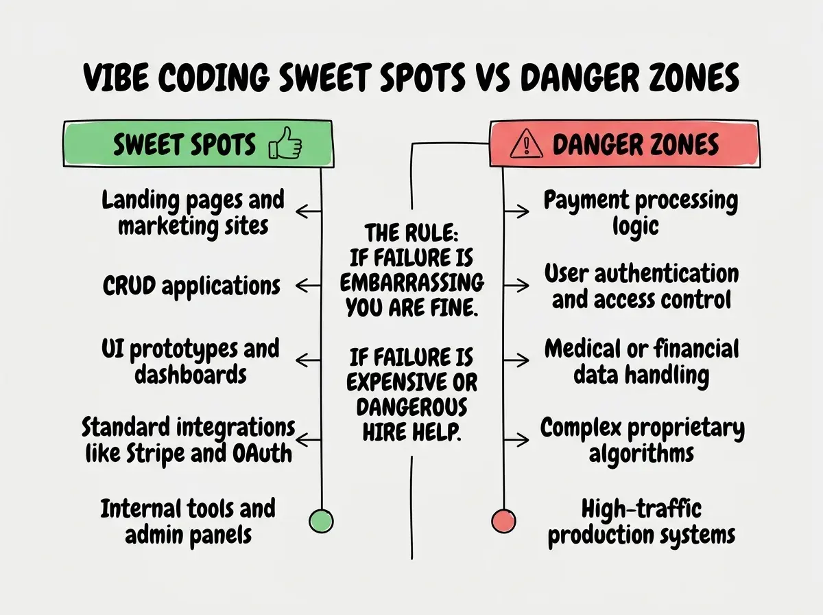 Two-column comparison diagram with header VIBE CODING SWEET SPOTS VS DANGER ZONES. Left column has a green header labeled SWEET SPOTS with a thumbs-up icon. Five items listed vertically: Landing pages and marketing sites, CRUD applications, UI prototypes and dashboards, Standard integrations like Stripe and OAuth, Internal tools and admin panels. Right column has a red header labeled DANGER ZONES with a warning triangle icon. Five items listed vertically: Payment processing logic, User authentication and access control, Medical or financial data handling, Complex proprietary algorithms, High-traffic production systems. A dividing line between columns has text THE RULE: If failure is embarrassing you are fine. If failure is expensive or dangerous hire help. White background with green and red accent colors.