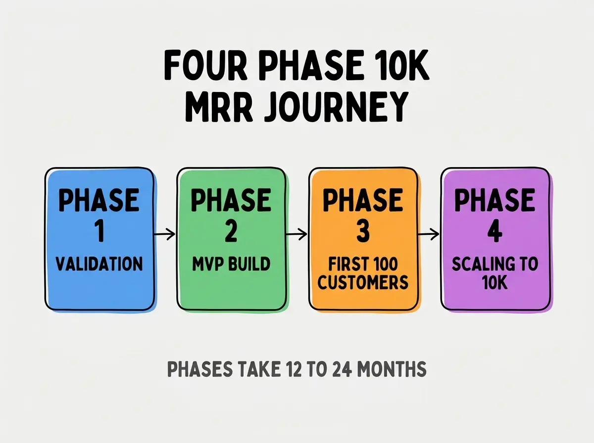 Clean modern flat infographic on light gray background. Top center bold black title text: FOUR PHASE 10K MRR JOURNEY. Below title, four equal sized colored rounded rectangle cards arranged horizontally with arrows. Card 1 blue: large bold text PHASE 1 then smaller text VALIDATION. Card 2 green: large bold text PHASE 2 then smaller text MVP BUILD. Card 3 orange: large bold text PHASE 3 then smaller text FIRST 100 CUSTOMERS. Card 4 purple: large bold text PHASE 4 then smaller text SCALING TO 10K. Single footer line below cards in dark gray text: PHASES TAKE 12 TO 24 MONTHS. Nothing else on canvas. No text outside cards or below cards.