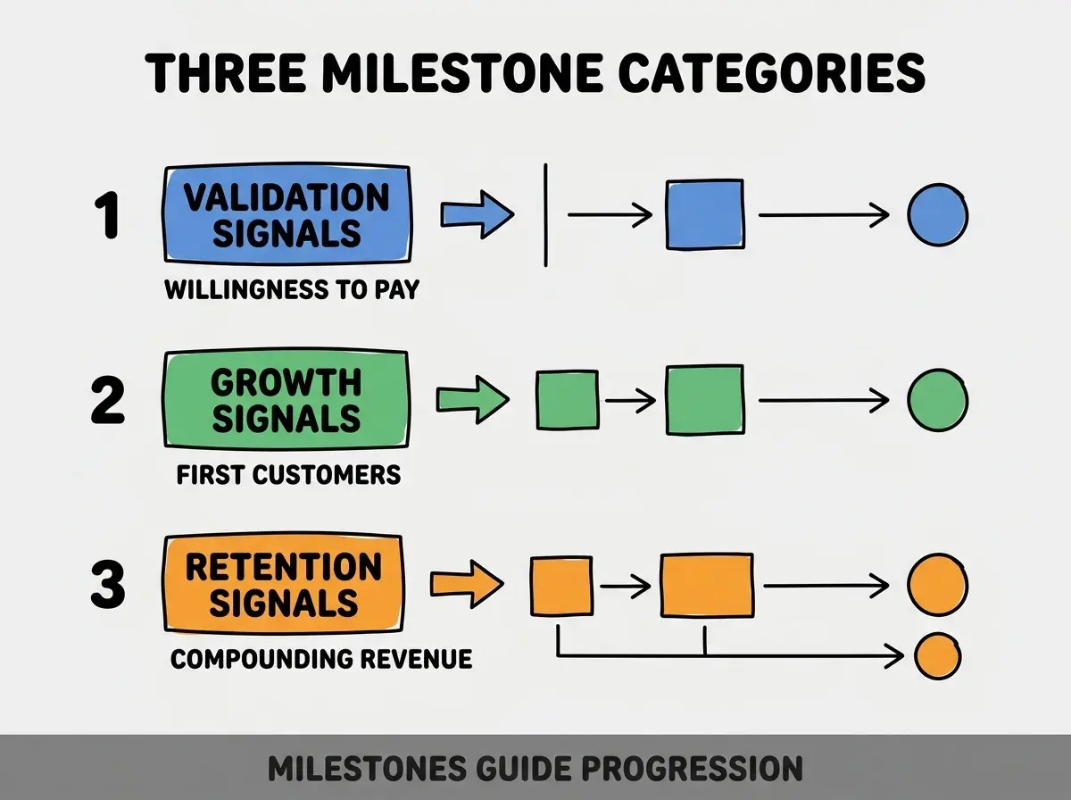 Clean modern flat infographic on light gray background. Top title bold black: THREE MILESTONE CATEGORIES. Single vertical numbered list with three rows. Row 1 blue badge VALIDATION SIGNALS with subtitle WILLINGNESS TO PAY. Row 2 green badge GROWTH SIGNALS with subtitle FIRST CUSTOMERS. Row 3 orange badge RETENTION SIGNALS with subtitle COMPOUNDING REVENUE. Footer text dark gray: MILESTONES GUIDE PROGRESSION. Each label appears exactly once. No duplicated text.