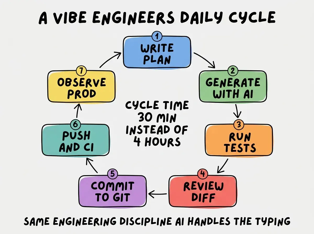 EXPLAINER DIAGRAM titled A VIBE ENGINEERS DAILY CYCLE shown as a circular workflow with seven labeled stages on a slate background. Stage 1 at top WRITE PLAN colored blue. Moving clockwise stage 2 GENERATE WITH AI colored green. Stage 3 RUN TESTS colored orange. Stage 4 REVIEW DIFF colored red. Stage 5 COMMIT TO GIT colored purple. Stage 6 PUSH AND CI colored teal. Stage 7 OBSERVE PROD colored yellow. Center label reads CYCLE TIME 30 MIN INSTEAD OF 4 HOURS. Footer reads SAME ENGINEERING DISCIPLINE, AI HANDLES THE TYPING.