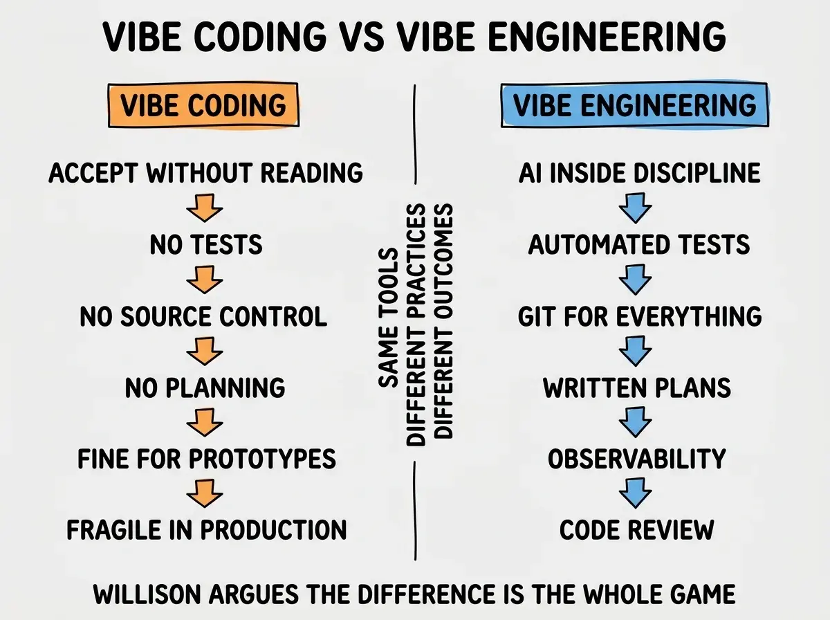 EXPLAINER DIAGRAM titled VIBE CODING VS VIBE ENGINEERING shown as a side-by-side two-column comparison on a slate background. Left column header VIBE CODING in orange has stacked rows: ACCEPT WITHOUT READING, NO TESTS, NO SOURCE CONTROL, NO PLANNING, FINE FOR PROTOTYPES, FRAGILE IN PRODUCTION. Right column header VIBE ENGINEERING in blue has stacked rows: AI INSIDE DISCIPLINE, AUTOMATED TESTS, GIT FOR EVERYTHING, WRITTEN PLANS, OBSERVABILITY, CODE REVIEW. Center divider has a vertical bar with text reading SAME TOOLS, DIFFERENT PRACTICES, DIFFERENT OUTCOMES. Footer reads WILLISON ARGUES THE DIFFERENCE IS THE WHOLE GAME.