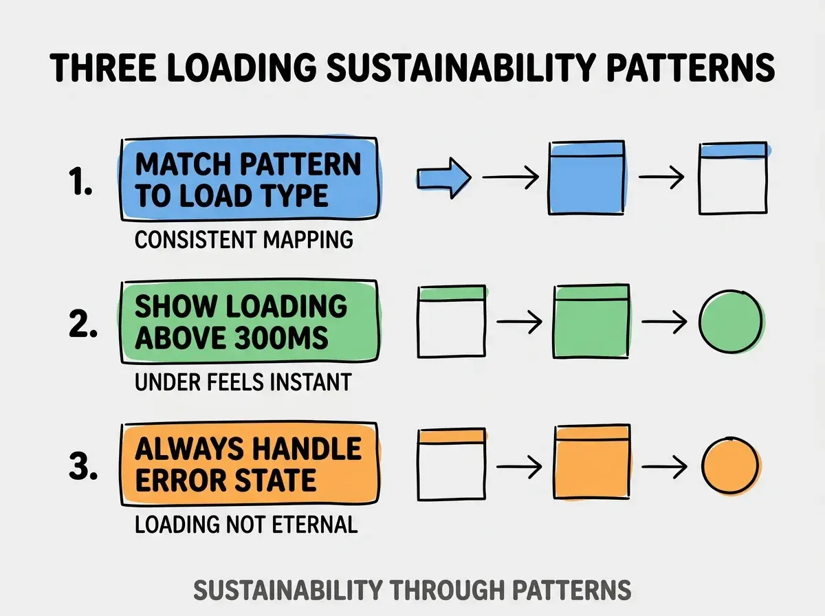 Clean modern flat infographic on light gray background. Top title bold black: THREE LOADING SUSTAINABILITY PATTERNS. Single vertical numbered list with three rows. Row 1 blue badge MATCH PATTERN TO LOAD TYPE with subtitle CONSISTENT MAPPING. Row 2 green badge SHOW LOADING ABOVE 300MS with subtitle UNDER FEELS INSTANT. Row 3 orange badge ALWAYS HANDLE ERROR STATE with subtitle LOADING NOT ETERNAL. Footer text dark gray: SUSTAINABILITY THROUGH PATTERNS. Each label appears exactly once. No duplicated text.