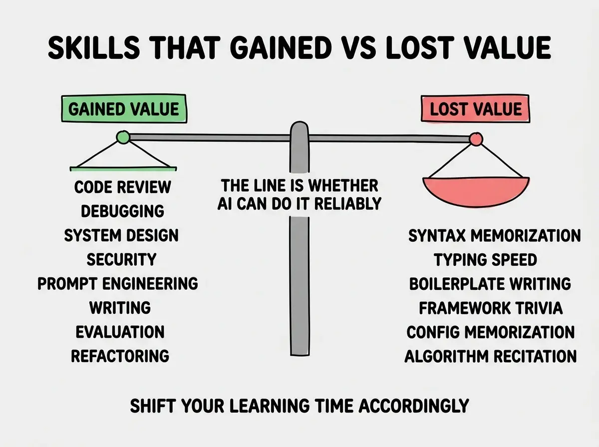 EXPLAINER DIAGRAM titled SKILLS THAT GAINED VS LOST VALUE shown as a horizontal balance scale on a slate background. Left pan labeled GAINED VALUE in green has labels stacked CODE REVIEW, DEBUGGING, SYSTEM DESIGN, SECURITY THINKING, PROMPT ENGINEERING, WRITING, EVALUATION DESIGN, REFACTORING. Right pan labeled LOST VALUE in red has labels stacked SYNTAX MEMORIZATION, TYPING SPEED, BOILERPLATE WRITING, FRAMEWORK TRIVIA, CONFIG MEMORIZATION, ALGORITHM RECITATION. Center pivot is a thick gray bar labeled THE LINE IS WHETHER AI CAN DO IT RELIABLY. Footer reads SHIFT YOUR LEARNING TIME ACCORDINGLY.
