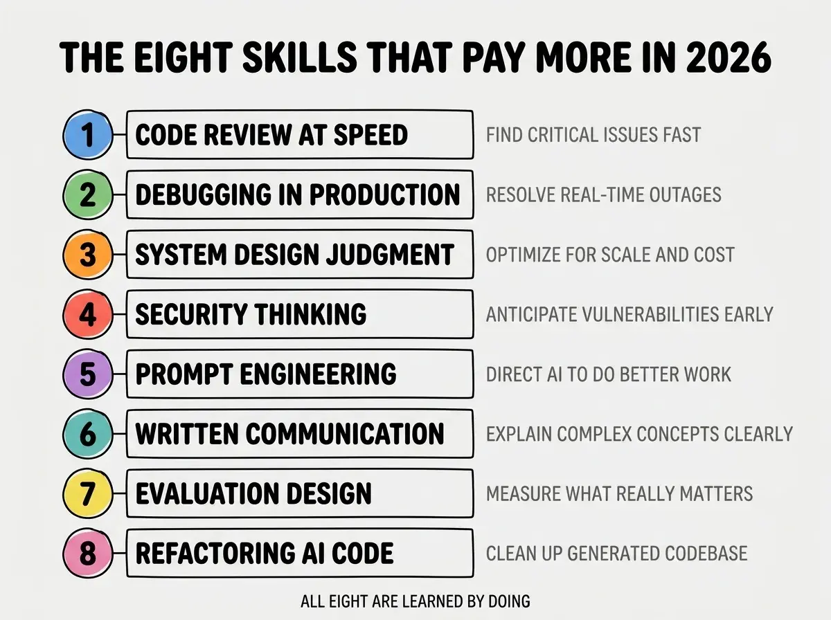 EXPLAINER DIAGRAM titled THE EIGHT SKILLS THAT PAY MORE shown as a vertical ranked list on a slate background. Each row has a numbered colored badge on the left, the skill name in white, and a short why-it-pays note on the right in muted text. Row 1 in blue CODE REVIEW AT SPEED, note AI WRITES TEN X MORE CODE, REVIEW BANDWIDTH SCALES PRICE. Row 2 in green DEBUGGING IN PRODUCTION, note AI HAPPY PATH FAILS IN MESSY REALITY. Row 3 in orange SYSTEM DESIGN JUDGMENT, note AI BUILDS COMPONENTS, NOT ARCHITECTURES. Row 4 in red SECURITY THINKING, note AI INTRODUCES VULNS BY DEFAULT. Row 5 in purple PROMPT ENGINEERING, note GETTING USEFUL OUTPUT IS THE NEW INPUT. Row 6 in teal WRITTEN COMMUNICATION, note SPECS AND PRDS BECOME EXECUTABLE. Row 7 in yellow EVALUATION DESIGN, note YOU GET WHAT YOU MEASURE. Row 8 in pink REFACTORING AI CODE, note EVERY PROJECT INHERITS AI DEBT. Footer reads ALL EIGHT ARE LEARNED BY DOING, NOT BY READING.