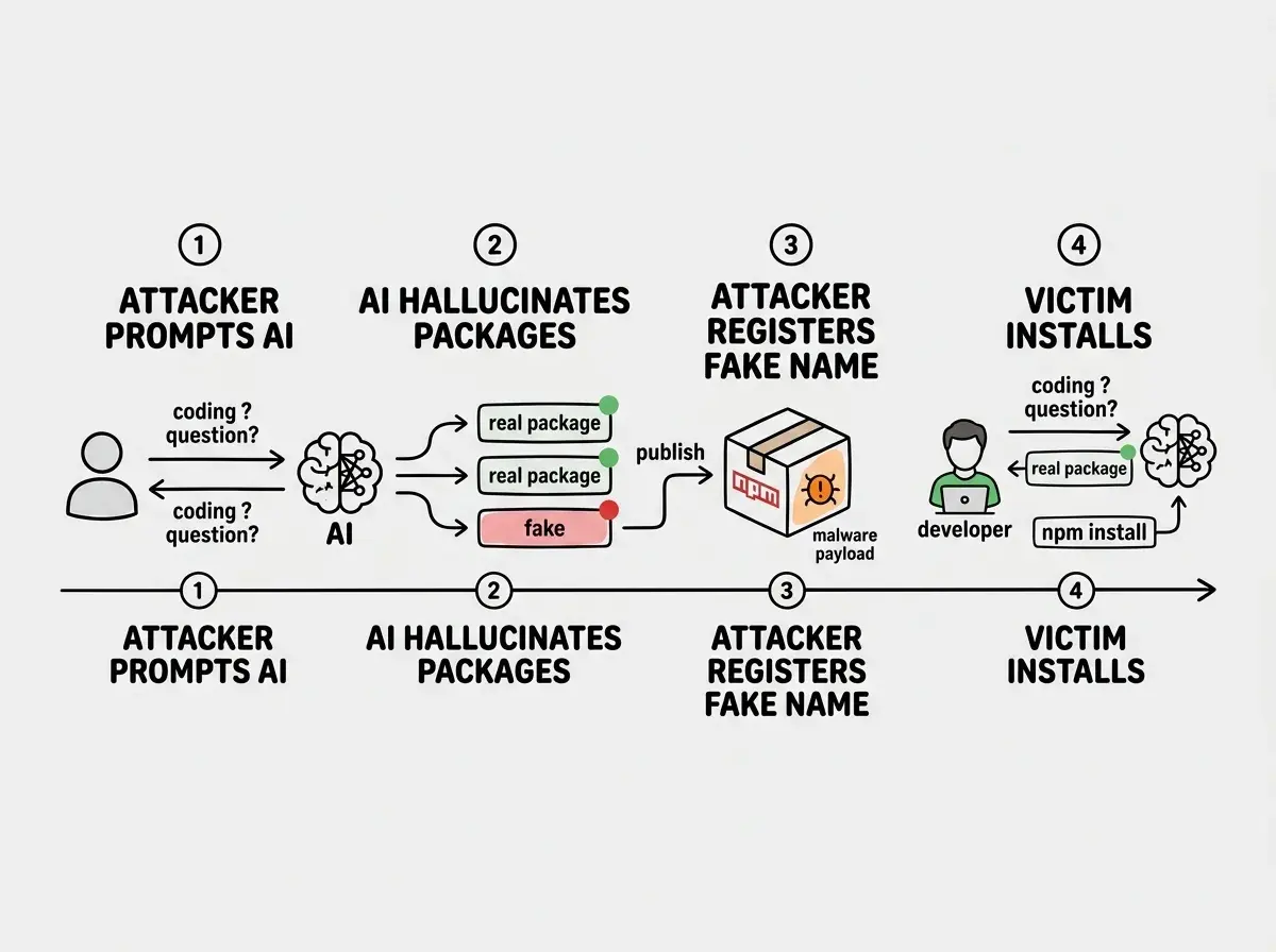 EXPLAINER DIAGRAM: A four-step attack flow shown as a horizontal sequence. Step 1 labeled ATTACKER PROMPTS AI shows a person icon sending coding questions to an AI model icon. Step 2 labeled AI HALLUCINATES PACKAGES shows the AI model icon outputting three package names, two real with green dots and one fake with a red dot. Step 3 labeled ATTACKER REGISTERS FAKE NAME shows the fake package name being published to the npm registry icon with a malware payload inside. Step 4 labeled VICTIM INSTALLS shows a different developer icon asking the same AI model the same question, receiving the hallucinated name, and running npm install which downloads the malicious package. A timeline arrow runs beneath all four steps.