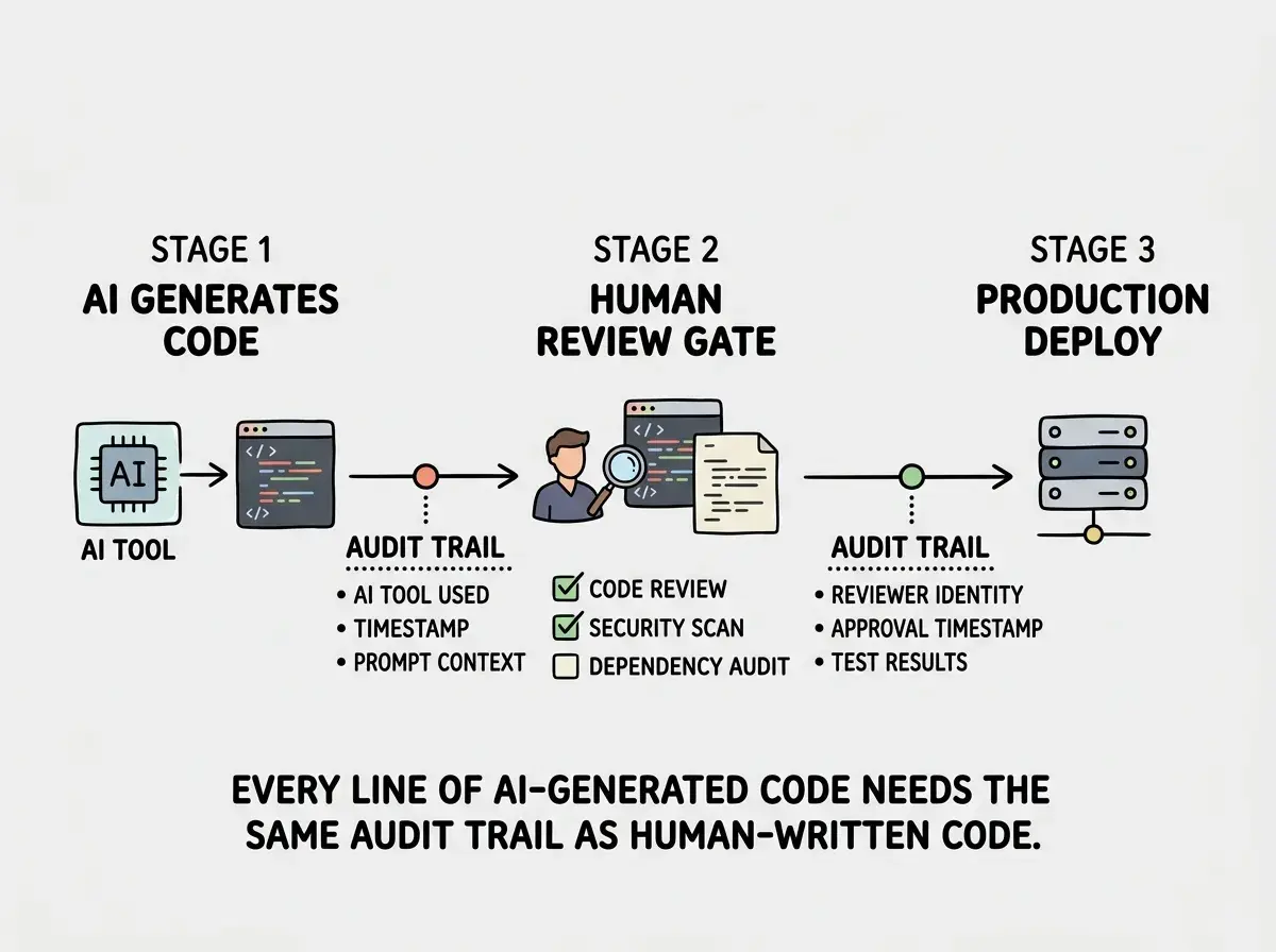 EXPLAINER DIAGRAM: A horizontal workflow showing three stages of AI code entering production. Stage 1 labeled AI GENERATES CODE shows an AI tool icon producing a code block. Stage 2 labeled HUMAN REVIEW GATE shows a developer icon examining the code with three checkboxes: Code Review, Security Scan, and Dependency Audit. Stage 3 labeled PRODUCTION DEPLOY shows a server icon. Between Stage 1 and Stage 2, a dotted line labeled AUDIT TRAIL captures AI tool used, timestamp, and prompt context. Between Stage 2 and Stage 3, another dotted line labeled AUDIT TRAIL captures reviewer identity, approval timestamp, and test results. Below the diagram, text reads EVERY LINE OF AI-GENERATED CODE NEEDS THE SAME AUDIT TRAIL AS HUMAN-WRITTEN CODE.