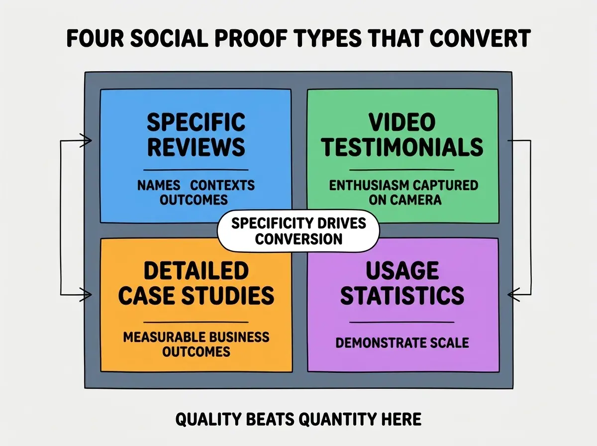 EXPLAINER DIAGRAM titled FOUR SOCIAL PROOF TYPES THAT CONVERT shown as a 2x2 grid of quadrants on a slate background. Top left blue SPECIFIC REVIEWS sublabel NAMES CONTEXTS OUTCOMES. Top right green VIDEO TESTIMONIALS sublabel AUTHENTIC ENTHUSIASM CAPTURED. Bottom left orange DETAILED CASE STUDIES sublabel MEASURABLE BUSINESS OUTCOMES. Bottom right purple USAGE STATISTICS sublabel DEMONSTRATE SCALE. Center label SPECIFICITY DRIVES CONVERSION. Footer reads QUALITY BEATS QUANTITY HERE.