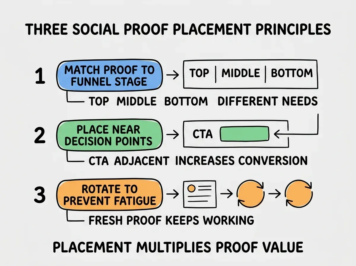 EXPLAINER DIAGRAM titled THREE SOCIAL PROOF PLACEMENT PRINCIPLES shown as a vertical numbered list on a slate background. Three rows. Row 1 blue badge MATCH PROOF TO FUNNEL STAGE sublabel TOP MIDDLE BOTTOM DIFFERENT NEEDS. Row 2 green badge PLACE NEAR DECISION POINTS sublabel CTA ADJACENT INCREASES CONVERSION. Row 3 orange badge ROTATE TO PREVENT FATIGUE sublabel FRESH PROOF KEEPS WORKING. Footer reads PLACEMENT MULTIPLIES PROOF VALUE.