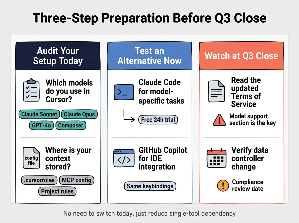 EXPLAINER DIAGRAM: Three-column grid layout on a white background with thin light gray outer border. Each column has a rounded card header and two rows of content. Left column header is dark navy labeled 'Audit Your Setup Today'. Inside two rows: first row shows a checklist icon with text 'Which models do you use in Cursor?' and beneath it four teal pill labels: Claude Sonnet, Claude Opus, GPT-4o, Composer. Second row shows a config file icon with text 'Where is your context stored?' and beneath it three gray pill labels: .cursorrules, MCP config, Project rules. Center column header is medium blue labeled 'Test an Alternative Now'. Inside two rows: first row shows a terminal icon with text 'Claude Code for model-specific tasks' with a small 'Free 24h trial' badge. Second row shows a code-window icon with text 'GitHub Copilot for IDE integration' with a 'Same keybindings' badge. Right column header is coral labeled 'Watch at Q3 Close'. Inside two rows: first row shows a document icon with text 'Read the updated Terms of Service' with a red warning triangle and label 'Model support section is the key'. Second row shows a calendar icon with text 'Verify data controller change' with an orange exclamation badge and label 'Compliance review date'. Bold black title at top reads 'Three-Step Preparation Before Q3 Close'. Small footer in gray reads 'No need to switch today, just reduce single-tool dependency'.