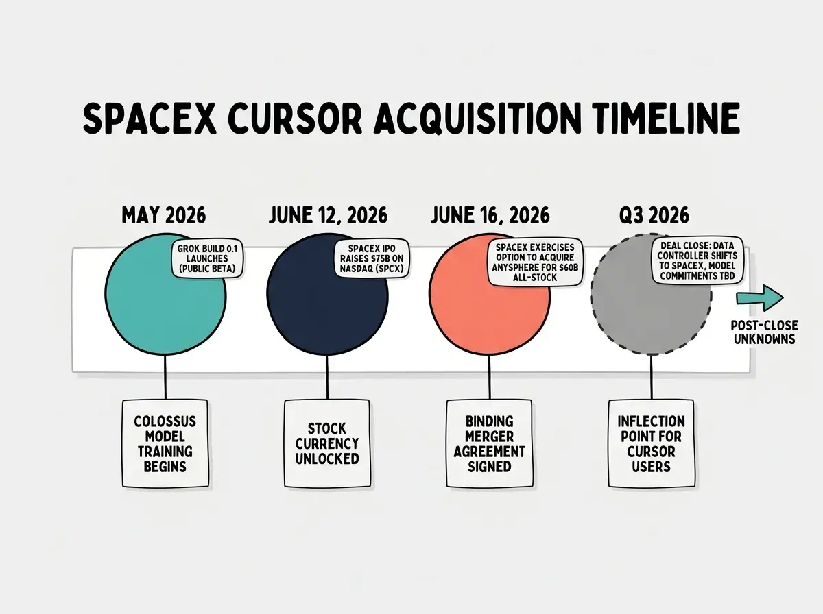 EXPLAINER DIAGRAM: Horizontal timeline on a white background with a thin light gray border. Four milestone markers spaced evenly from left to right. First marker is a teal circle labeled 'May 2026' with a badge reading 'Grok Build 0.1 launches (public beta)'. Second marker is a dark navy circle labeled 'June 12, 2026' with a badge reading 'SpaceX IPO raises $75B on Nasdaq (SPCX)'. Third marker is a coral circle labeled 'June 16, 2026' with a badge reading 'SpaceX exercises option to acquire Anysphere for $60B all-stock'. Fourth marker is a gray dashed circle labeled 'Q3 2026' with a badge reading 'Deal close: data controller shifts to SpaceX, model commitments TBD'. Below each marker, a short vertical line connects to a small card. May card reads 'Colossus model training begins'. June 12 card reads 'Stock currency unlocked'. June 16 card reads 'Binding merger agreement signed'. Q3 card reads 'Inflection point for Cursor users'. Bold black title at top reads 'SpaceX Cursor Acquisition Timeline'. Small teal arrow at right points offscreen labeled 'Post-close unknowns'.