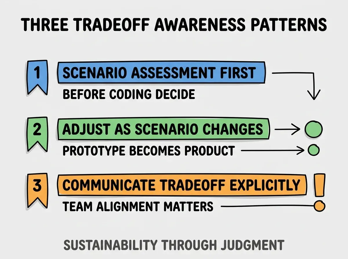Clean modern flat infographic on light gray background. Top title bold black: THREE TRADEOFF AWARENESS PATTERNS. Single vertical numbered list with three rows. Row 1 blue badge SCENARIO ASSESSMENT FIRST with subtitle BEFORE CODING DECIDE. Row 2 green badge ADJUST AS SCENARIO CHANGES with subtitle PROTOTYPE BECOMES PRODUCT. Row 3 orange badge COMMUNICATE TRADEOFF EXPLICITLY with subtitle TEAM ALIGNMENT MATTERS. Footer text dark gray: SUSTAINABILITY THROUGH JUDGMENT. Each label appears exactly once. No duplicated text.