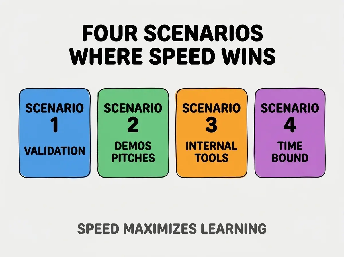 Clean modern flat infographic on light gray background. Top center bold black title text: FOUR SCENARIOS WHERE SPEED WINS. Below title, four equal sized colored rounded rectangle cards arranged horizontally. Card 1 blue: large bold text SCENARIO 1 then smaller text VALIDATION. Card 2 green: large bold text SCENARIO 2 then smaller text DEMOS PITCHES. Card 3 orange: large bold text SCENARIO 3 then smaller text INTERNAL TOOLS. Card 4 purple: large bold text SCENARIO 4 then smaller text TIME BOUND. Single footer line below cards in dark gray text: SPEED MAXIMIZES LEARNING. Nothing else on canvas. No text outside cards or below cards.