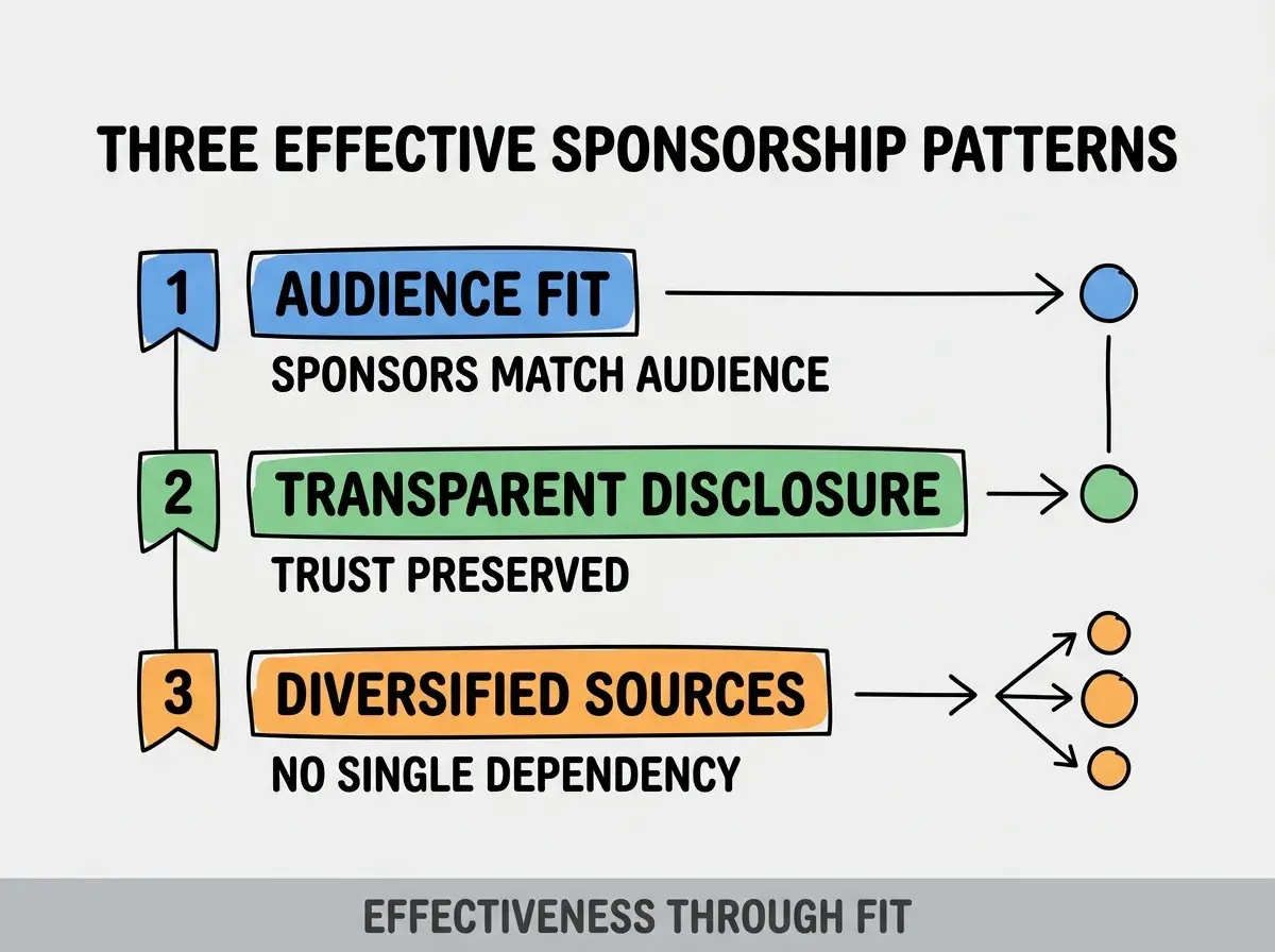 Clean modern flat infographic on light gray background. Top title bold black: THREE EFFECTIVE SPONSORSHIP PATTERNS. Single vertical numbered list with three rows. Row 1 blue badge AUDIENCE FIT with subtitle SPONSORS MATCH AUDIENCE. Row 2 green badge TRANSPARENT DISCLOSURE with subtitle TRUST PRESERVED. Row 3 orange badge DIVERSIFIED SOURCES with subtitle NO SINGLE DEPENDENCY. Footer text dark gray: EFFECTIVENESS THROUGH FIT. Each label appears exactly once. No duplicated text.