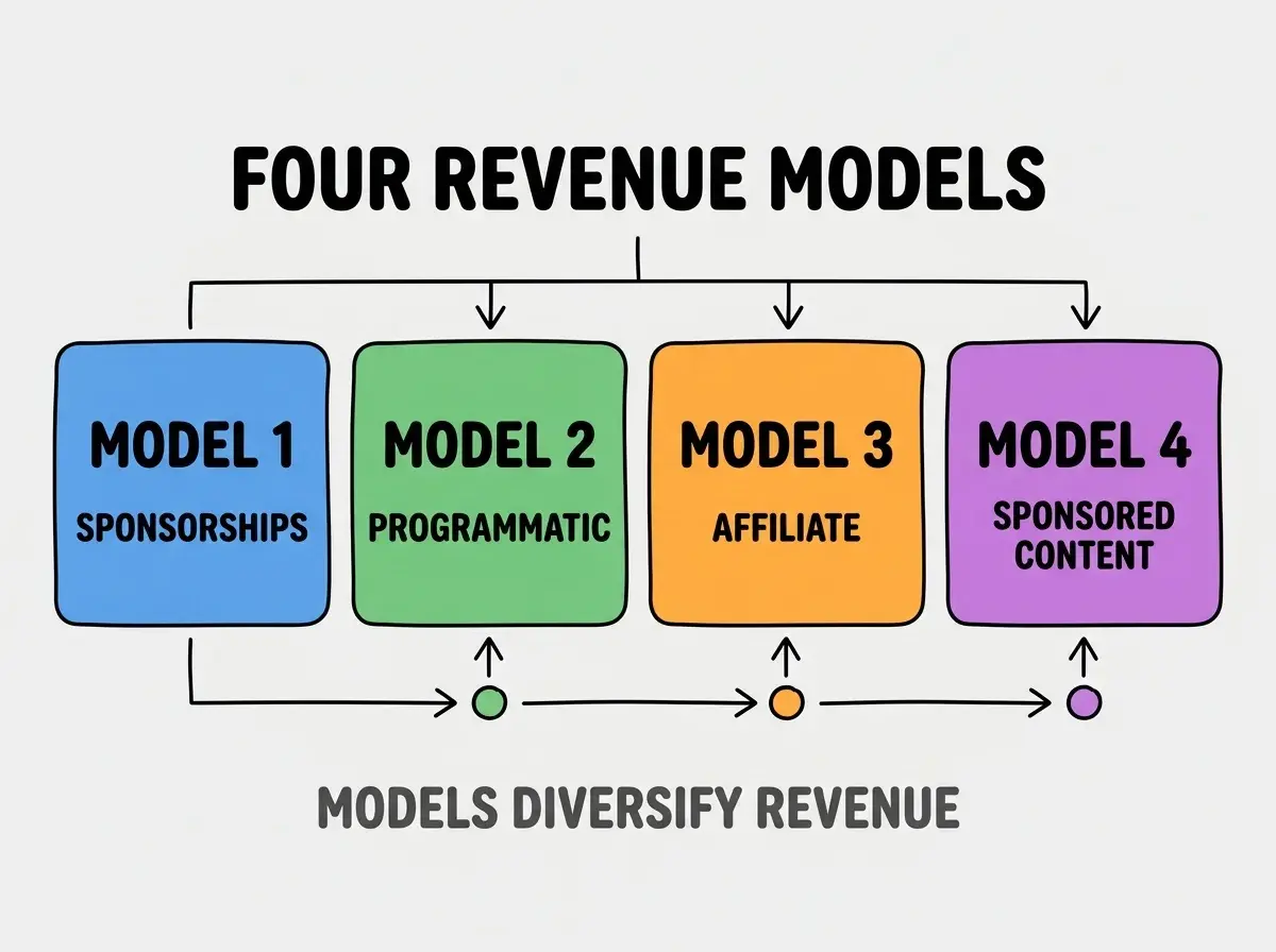 Clean modern flat infographic on light gray background. Top center bold black title text: FOUR REVENUE MODELS. Below title, four equal sized colored rounded rectangle cards arranged horizontally. Card 1 blue: large bold text MODEL 1 then smaller text SPONSORSHIPS. Card 2 green: large bold text MODEL 2 then smaller text PROGRAMMATIC. Card 3 orange: large bold text MODEL 3 then smaller text AFFILIATE. Card 4 purple: large bold text MODEL 4 then smaller text SPONSORED CONTENT. Single footer line below cards in dark gray text: MODELS DIVERSIFY REVENUE. Nothing else on canvas. No text outside cards or below cards.