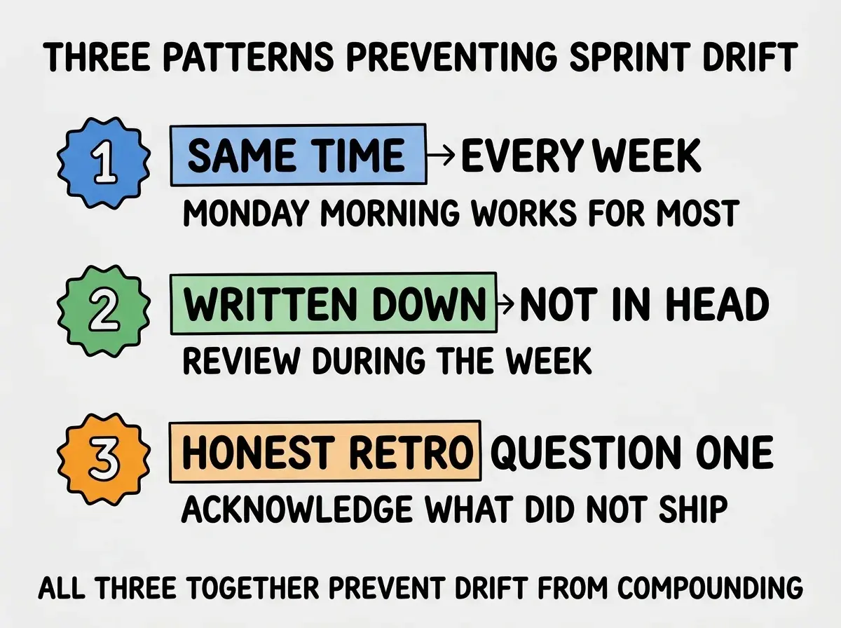 EXPLAINER DIAGRAM titled THREE PATTERNS PREVENTING SPRINT DRIFT shown as a vertical numbered list on a slate background. Three rows. Row 1 blue badge SAME TIME EVERY WEEK sublabel MONDAY MORNING WORKS FOR MOST. Row 2 green badge WRITTEN DOWN NOT IN HEAD sublabel REVIEW DURING THE WEEK. Row 3 orange badge HONEST RETRO QUESTION ONE sublabel ACKNOWLEDGE WHAT DID NOT SHIP. Footer reads ALL THREE TOGETHER PREVENT DRIFT FROM COMPOUNDING.