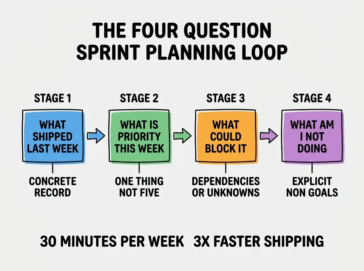 EXPLAINER DIAGRAM titled THE FOUR QUESTION SPRINT PLANNING LOOP shown as a horizontal four-stage pipeline on a slate background. Stage 1 colored blue WHAT SHIPPED LAST WEEK sublabel CONCRETE RECORD. Stage 2 colored green WHAT IS PRIORITY THIS WEEK sublabel ONE THING NOT FIVE. Stage 3 colored orange WHAT COULD BLOCK IT sublabel DEPENDENCIES OR UNKNOWNS. Stage 4 colored purple WHAT AM I NOT DOING sublabel EXPLICIT NON GOALS. Footer reads 30 MINUTES PER WEEK 3X FASTER SHIPPING.