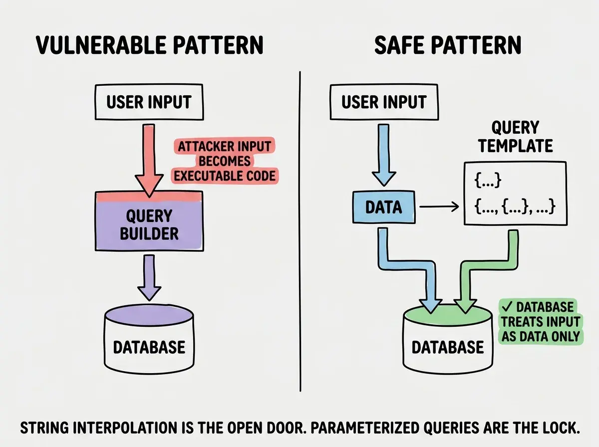 EXPLAINER DIAGRAM: A two-panel side-by-side comparison labeled VULNERABLE PATTERN on the left and SAFE PATTERN on the right. Left panel shows a flow: USER INPUT box at top with an arrow down into a QUERY BUILDER box where the input is directly embedded into the SQL string, shown as a single merged block. An arrow points down to DATABASE which executes the combined string. A red warning icon and label reads ATTACKER INPUT BECOMES EXECUTABLE CODE. Right panel shows: USER INPUT box at top with an arrow going to a separate DATA channel, and a QUERY TEMPLATE box with placeholder markers. Both the template and data feed into the DATABASE through separate paths. A green check icon and label reads DATABASE TREATS INPUT AS DATA ONLY. A footer reads STRING INTERPOLATION IS THE OPEN DOOR. PARAMETERIZED QUERIES ARE THE LOCK.