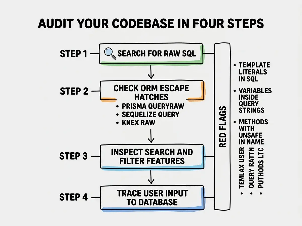 EXPLAINER DIAGRAM: A vertical flowchart titled AUDIT YOUR CODEBASE IN FOUR STEPS. Step 1 at top labeled SEARCH FOR RAW SQL with a magnifying glass icon, showing a search box containing SELECT INSERT UPDATE DELETE. Arrow down to Step 2 labeled CHECK ORM ESCAPE HATCHES listing Prisma queryRaw, Sequelize query, Knex raw, SQLAlchemy text. Arrow down to Step 3 labeled INSPECT SEARCH AND FILTER FEATURES with a funnel icon, text reads These are where AI tools most often use string concatenation. Arrow down to Step 4 labeled TRACE USER INPUT TO DATABASE with a path icon, text reads Follow every user-controlled value from API route to query. A sidebar on the right labeled RED FLAGS lists: template literals in SQL strings, variables inside query strings, methods with unsafe or raw in the name, missing parameter arrays.