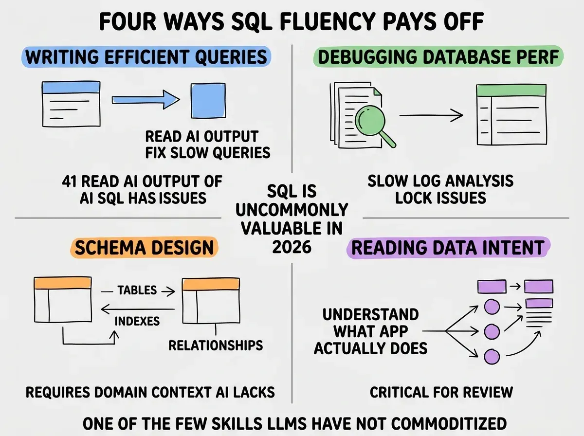 EXPLAINER DIAGRAM titled FOUR WAYS SQL FLUENCY PAYS OFF shown as a 2x2 grid of quadrants on a slate background. Top left blue WRITING EFFICIENT QUERIES sublabel READ AI OUTPUT FIX SLOW QUERIES, leverage 41 PERCENT OF AI SQL HAS PERFORMANCE ISSUES. Top right green DEBUGGING DATABASE PERF sublabel SLOW LOG ANALYSIS LOCK ISSUES, leverage AI CANNOT DIAGNOSE RELIABLY. Bottom left orange SCHEMA DESIGN sublabel TABLES INDEXES RELATIONSHIPS, leverage REQUIRES DOMAIN CONTEXT AI LACKS. Bottom right purple READING DATA INTENT sublabel UNDERSTAND WHAT APP ACTUALLY DOES, leverage CRITICAL FOR REVIEW. Center label reads SQL IS UNCOMMONLY VALUABLE IN 2026. Footer reads ONE OF THE FEW SKILLS LLMS HAVE NOT COMMODITIZED.