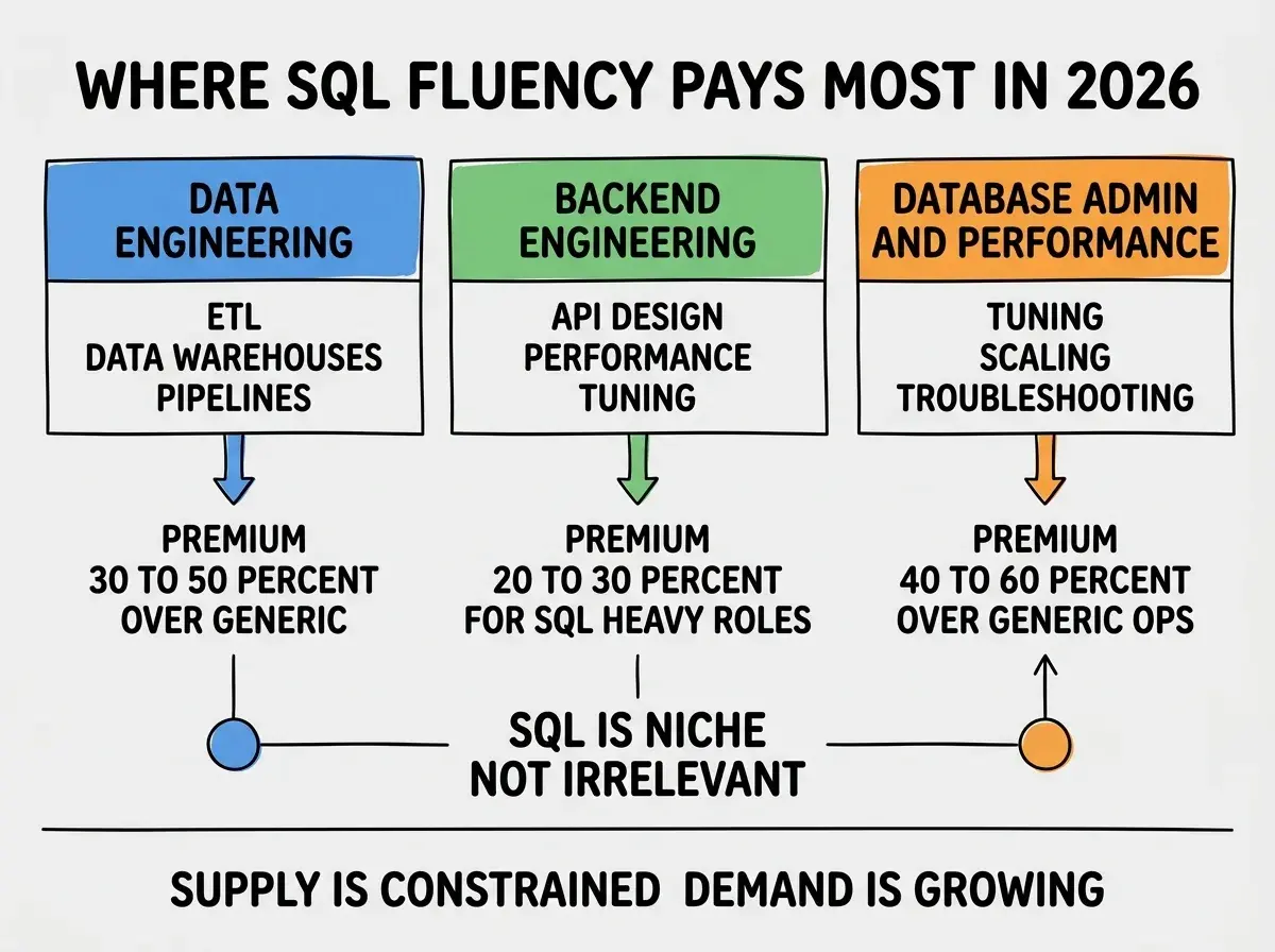 EXPLAINER DIAGRAM titled WHERE SQL FLUENCY PAYS MOST IN 2026 shown as a horizontal three-panel layout on a slate background. Panel 1 colored blue header DATA ENGINEERING sublabel ETL DATA WAREHOUSES PIPELINES, premium 30 TO 50 PERCENT OVER GENERIC ENGINEER. Panel 2 colored green header BACKEND ENGINEERING sublabel API DESIGN PERFORMANCE TUNING, premium 20 TO 30 PERCENT FOR SQL HEAVY ROLES. Panel 3 colored orange header DATABASE ADMIN AND PERFORMANCE sublabel TUNING SCALING TROUBLESHOOTING, premium 40 TO 60 PERCENT OVER GENERIC OPS. Center label reads SQL IS NICHE NOT IRRELEVANT. Footer reads SUPPLY IS CONSTRAINED DEMAND IS GROWING.