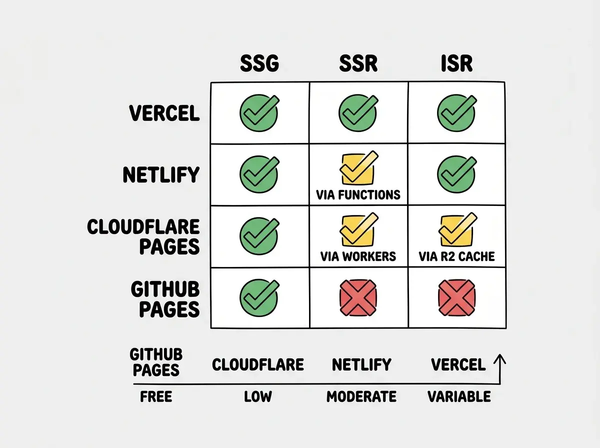 EXPLAINER DIAGRAM: A matrix chart on white background with four hosting platforms as rows (Vercel, Netlify, Cloudflare Pages, GitHub Pages) and three rendering strategies as columns (SSG, SSR, ISR). Each cell contains a status indicator. Vercel row shows green checkmarks for all three. Netlify row shows green checkmark for SSG, yellow partial checkmark for SSR with text VIA FUNCTIONS, green checkmark for ISR. Cloudflare Pages row shows green checkmark for SSG, yellow partial checkmark for SSR with text VIA WORKERS, yellow partial checkmark for ISR with text VIA R2 CACHE. GitHub Pages row shows green checkmark for SSG, red X for SSR, red X for ISR. Below the matrix, a cost scale shows GitHub Pages at FREE, Cloudflare at LOW, Netlify at MODERATE, and Vercel at VARIABLE with an upward arrow.