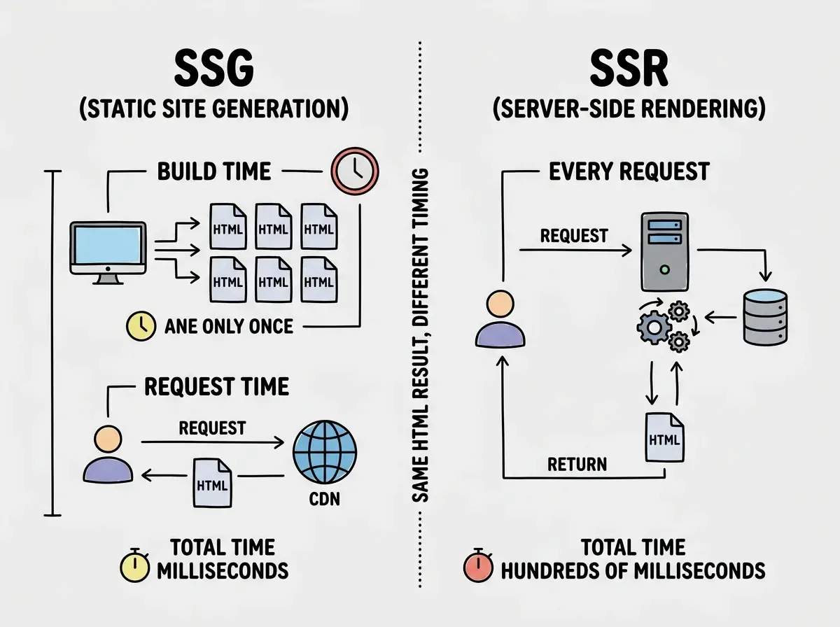 EXPLAINER DIAGRAM: A side-by-side comparison on white background. Left side labeled SSG (STATIC SITE GENERATION) shows a timeline with two phases. Phase 1 labeled BUILD TIME shows a computer icon generating multiple HTML file icons arranged in a grid, with a clock showing this happens once. Phase 2 labeled REQUEST TIME shows a user icon sending a request arrow to a CDN globe icon, which instantly returns a pre-built HTML file. Total time indicator shows milliseconds. Right side labeled SSR (SERVER-SIDE RENDERING) shows only one phase labeled EVERY REQUEST. A user icon sends a request to a server icon, the server connects to a database cylinder, processes data with gear icons, generates an HTML file, and returns it. Total time indicator shows hundreds of milliseconds. A dotted line separates the two sides with the text SAME HTML RESULT, DIFFERENT TIMING.