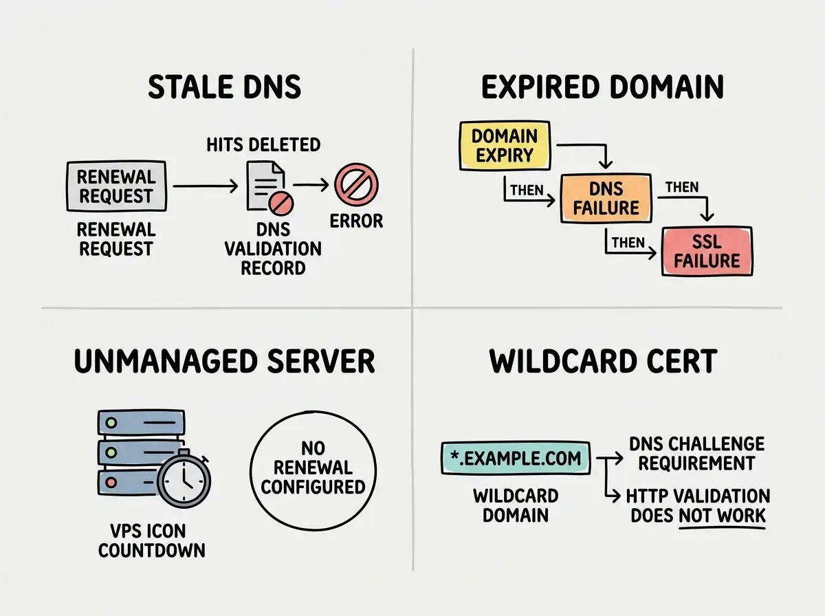 EXPLAINER DIAGRAM: Four-panel grid showing the four scenarios where auto-renewal breaks. Panel 1 labeled STALE DNS shows a certificate renewal request hitting a DNS validation record that returns an error because it was deleted. Panel 2 labeled EXPIRED DOMAIN shows a timeline with domain expiry triggering DNS failure, then SSL failure, as a cascade. Panel 3 labeled UNMANAGED SERVER shows a VPS icon with a certificate expiry countdown clock and no renewal process configured. Panel 4 labeled WILDCARD CERT shows a wildcard domain with a DNS challenge requirement callout and a note indicating HTTP validation does not work for wildcards. Clean flat illustration on white background.