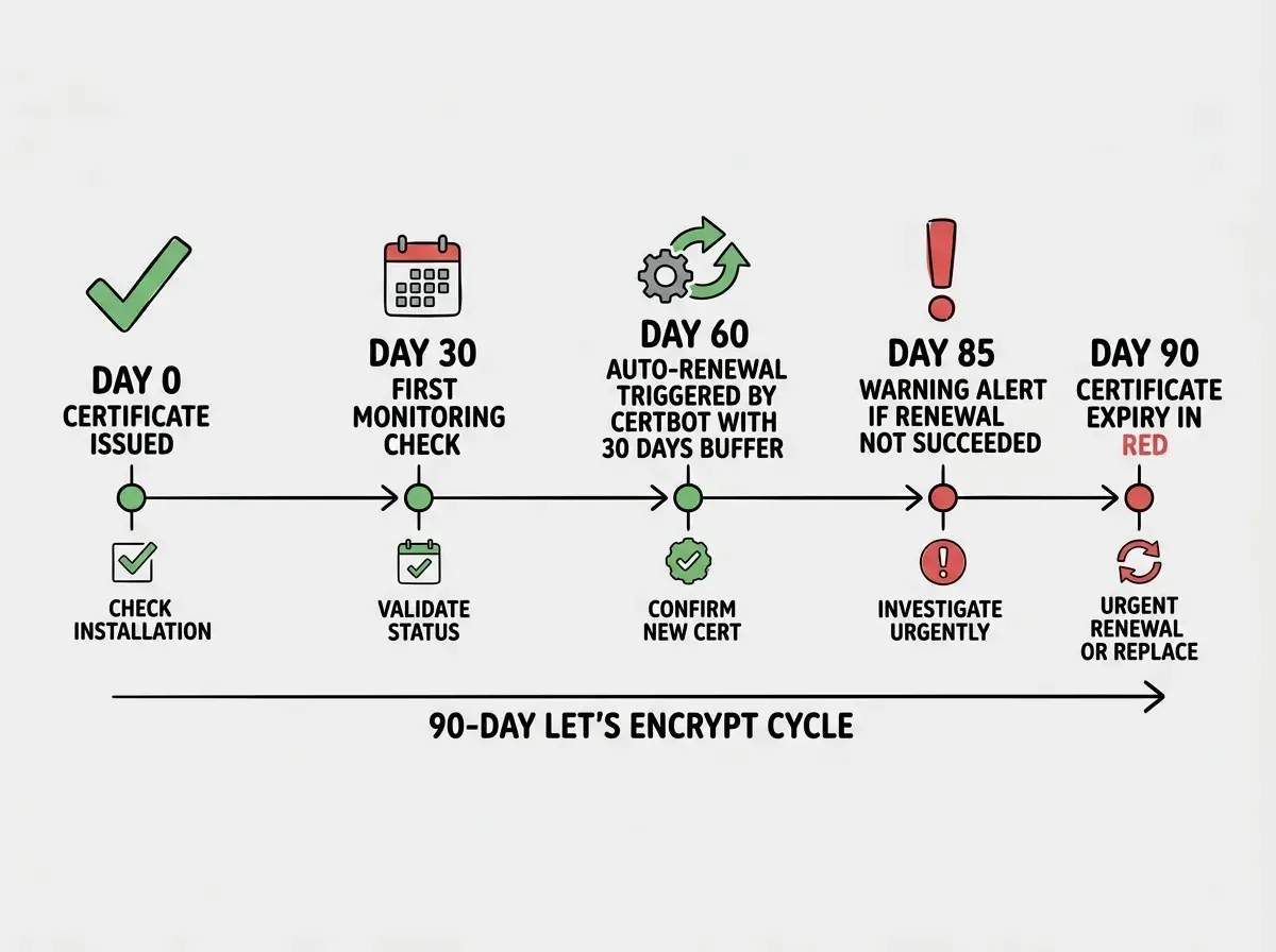 EXPLAINER DIAGRAM: Timeline diagram showing SSL certificate lifecycle over 90 days. Day 0 shows certificate issued with a green checkmark. Day 30 shows first monitoring check with a calendar icon. Day 60 shows auto-renewal triggered by Certbot with a refresh arrow icon and label showing 30 days buffer remaining. Day 85 shows a warning threshold alert icon with label showing alert fires if renewal has not succeeded. Day 90 shows certificate expiry marked in red. An arrow spans the full timeline labeled 90-DAY LETS ENCRYPT CYCLE. Below the timeline, a second row shows the recommended action at each stage. Clean horizontal layout on white background with green and red accent colors.