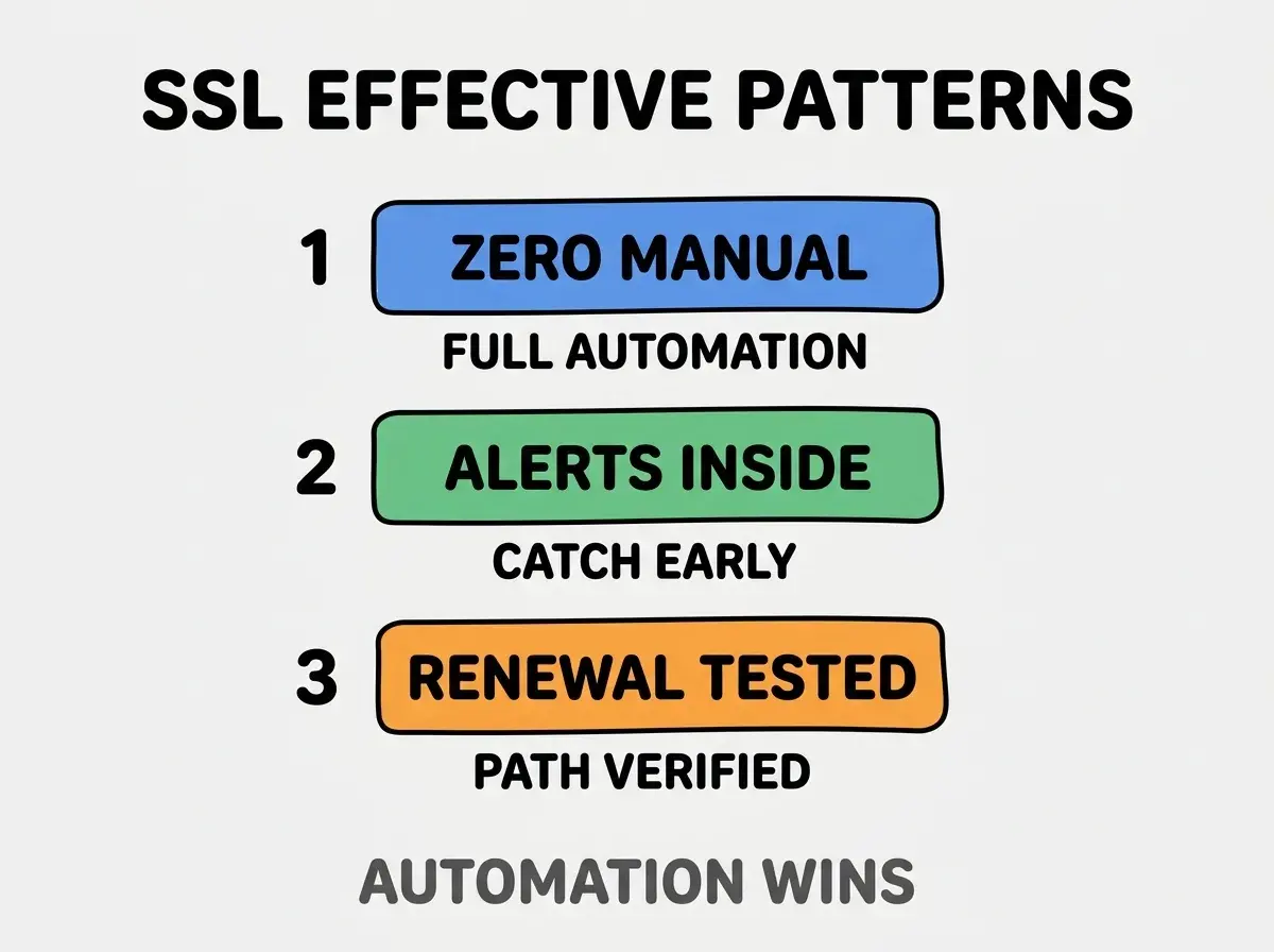 Clean modern flat infographic on light gray background. Top title bold black: THREE EFFECTIVE SSL PATTERNS. Single vertical numbered list with three rows. Row 1 blue badge ZERO MANUAL with subtitle FULL AUTOMATION. Row 2 green badge MONITORING ALERTS with subtitle EXPIRATION CAUGHT EARLY. Row 3 orange badge TESTED RENEWAL with subtitle RENEWAL PATH VERIFIED. Footer text dark gray: EFFECTIVENESS THROUGH AUTOMATION. Each label appears exactly once. No duplicated text.